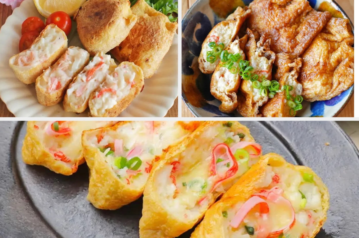 3種類の異なる油揚げ料理が並べられている。皿に盛られており、具材が見える。