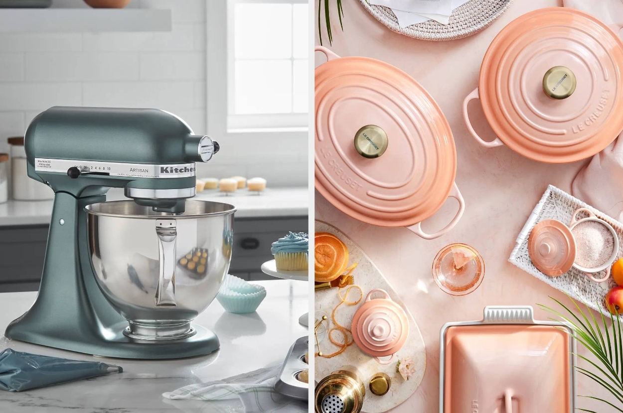 KitchenAid mixer on counter with cupcakes near a Le Creuset cookware set, including pots and dish, on a kitchen table