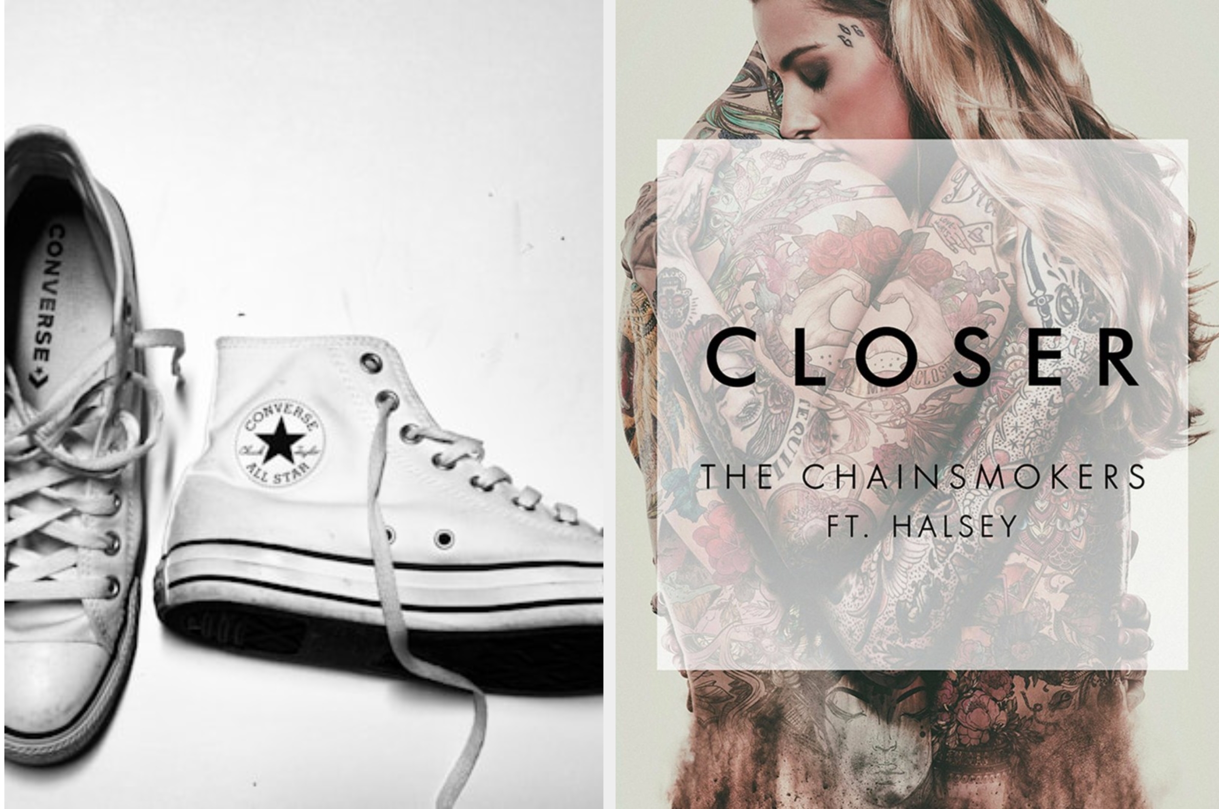 Split image: left side shows a pair of Converse sneakers; right side displays the "Closer" cover art with text "The Chainsmokers ft. Halsey"