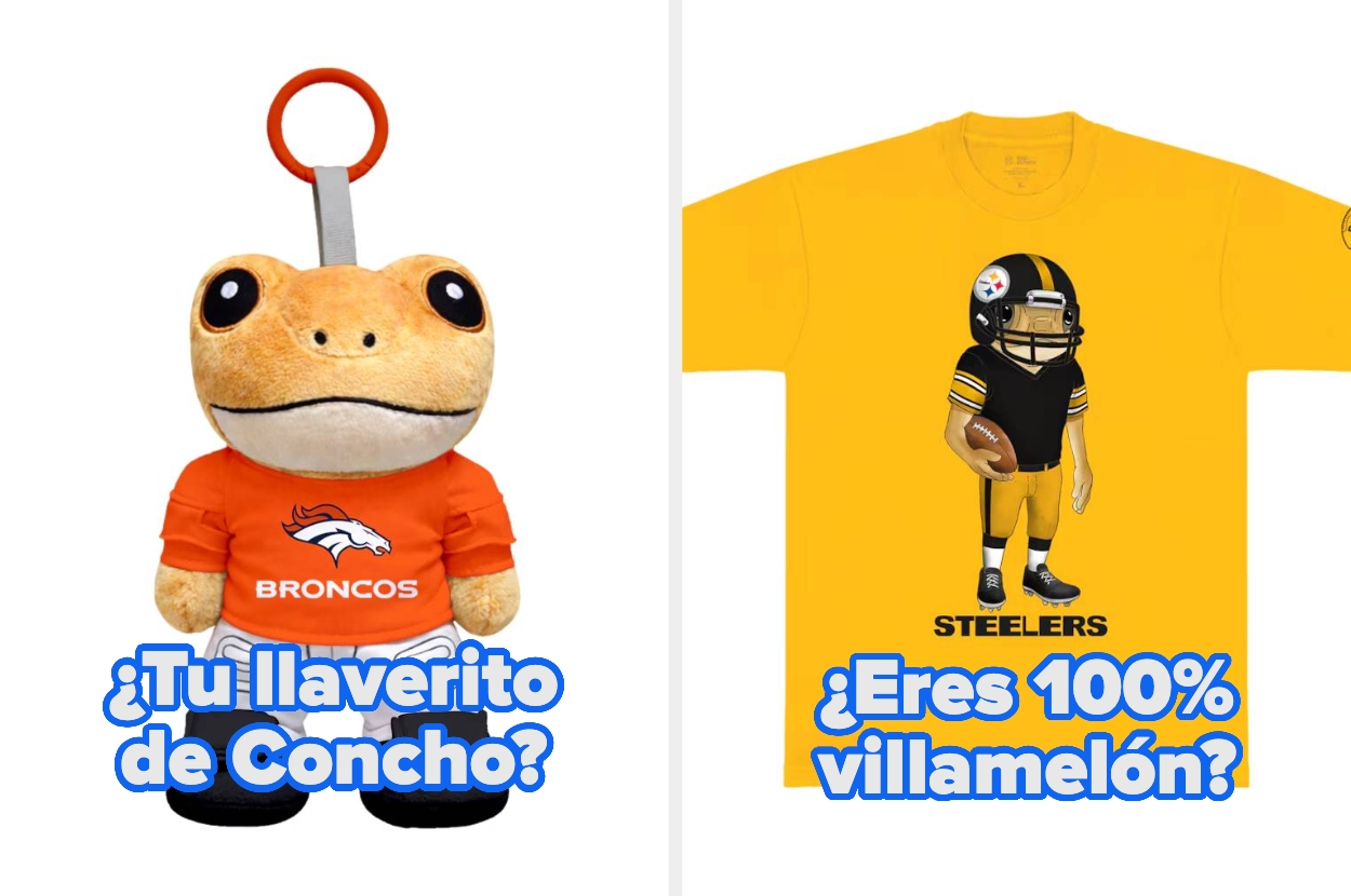 A plush frog toy in a Broncos shirt and a yellow Steelers t-shirt with a cartoon figure, each with humorous Spanish text related to fandom