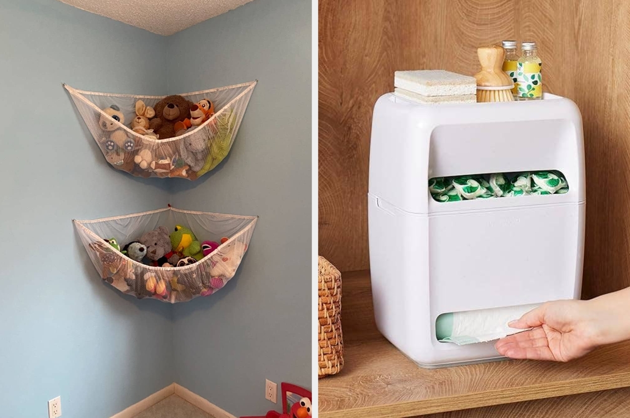 Toy hammocks filled with stuffed animals in a corner; adjacent to a hand pulling a diaper from a white diaper dispenser