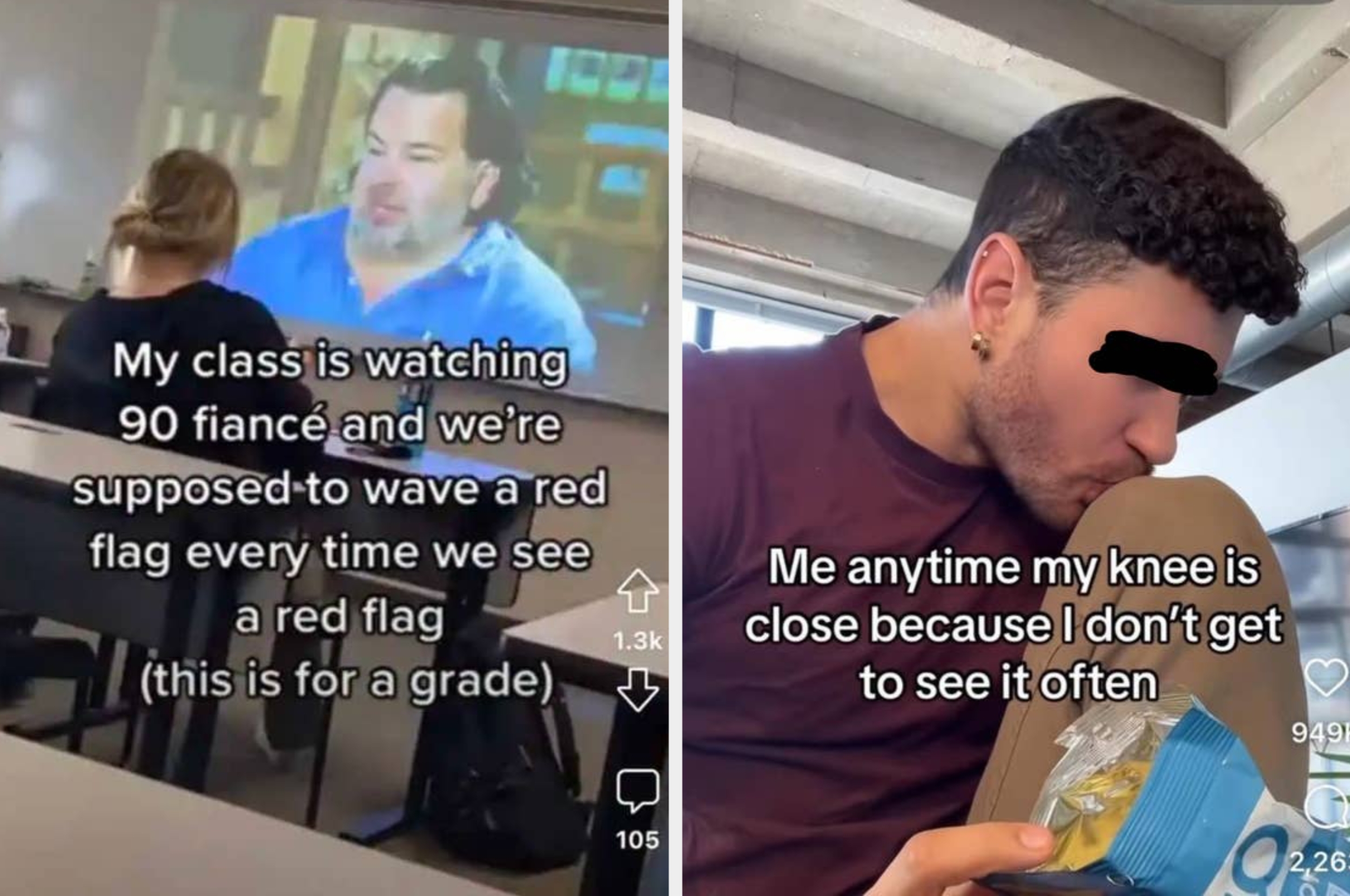 Split image: Left shows a class watching "90 Day Fiancé" with red flag game. Right shows a person humorously kissing their own knee