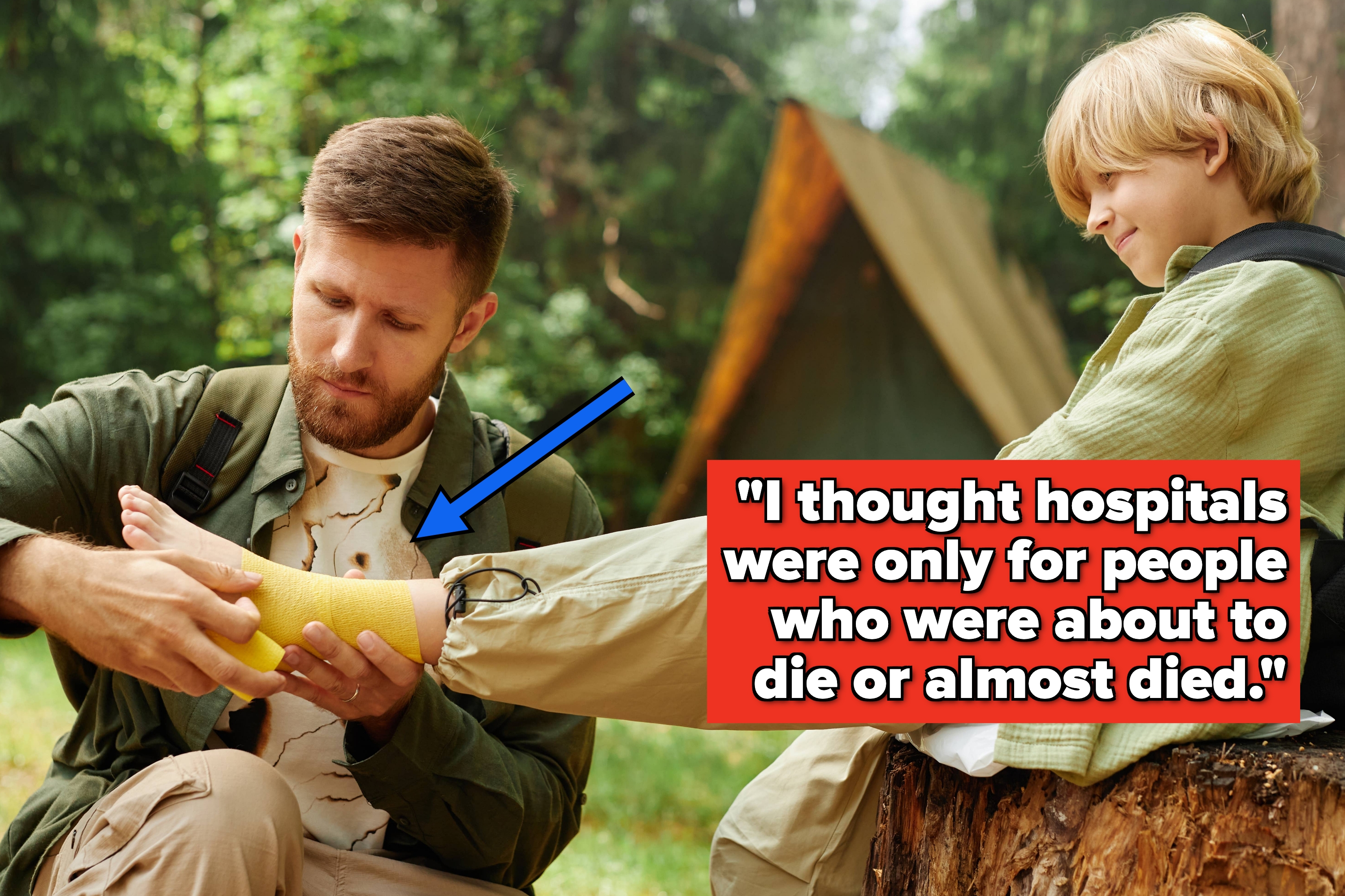 Child wraps yellow bandage on adult's arm outdoors. Text: "I thought hospitals were only for people who were about to die or almost died."