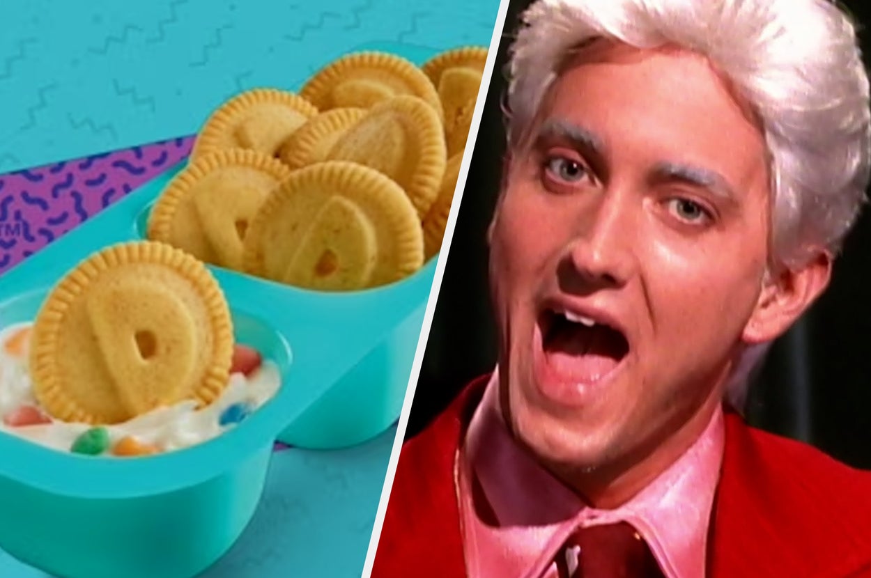 Snack pack with round cookies and yogurt on the left; person with slicked-back white hair in a bright red suit on the right