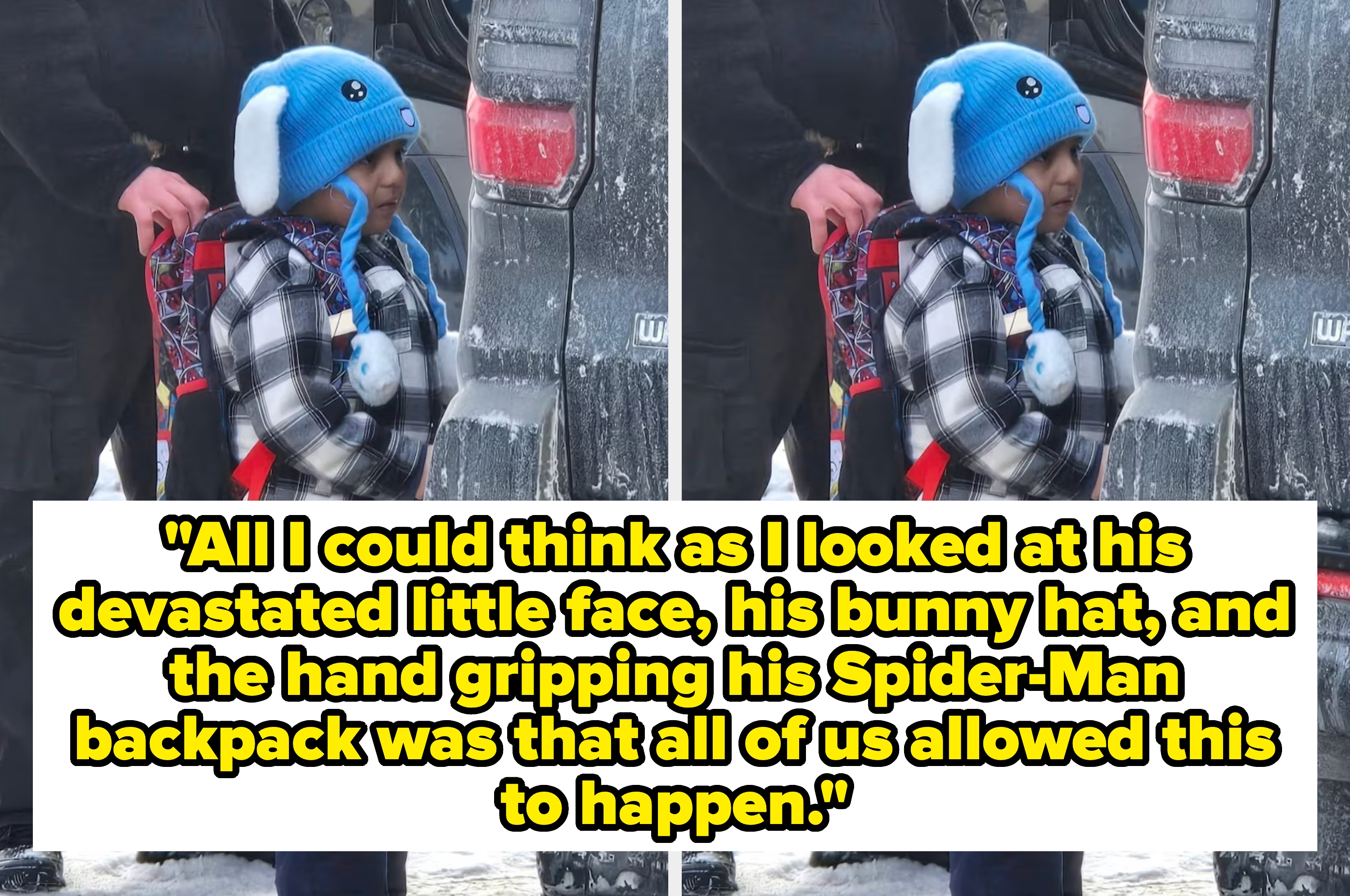 Child in a bunny hat holds a Spider-Man backpack. Caption: Reflection on child's emotional impact and collective responsibility