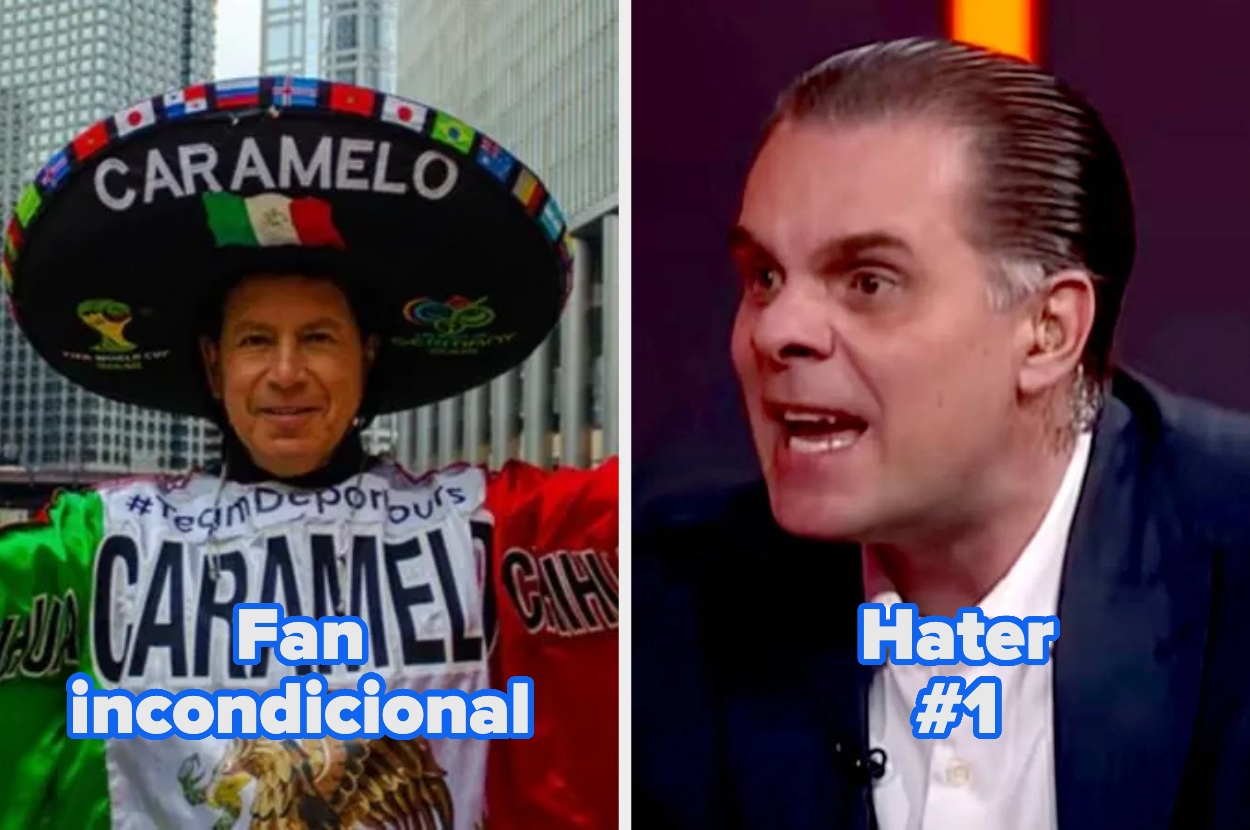 A person in a sombrero with "Caramelo" text poses happily, while another person argues intensely on a talk show. Text reads "Fan incondicional" and "Hater #1"