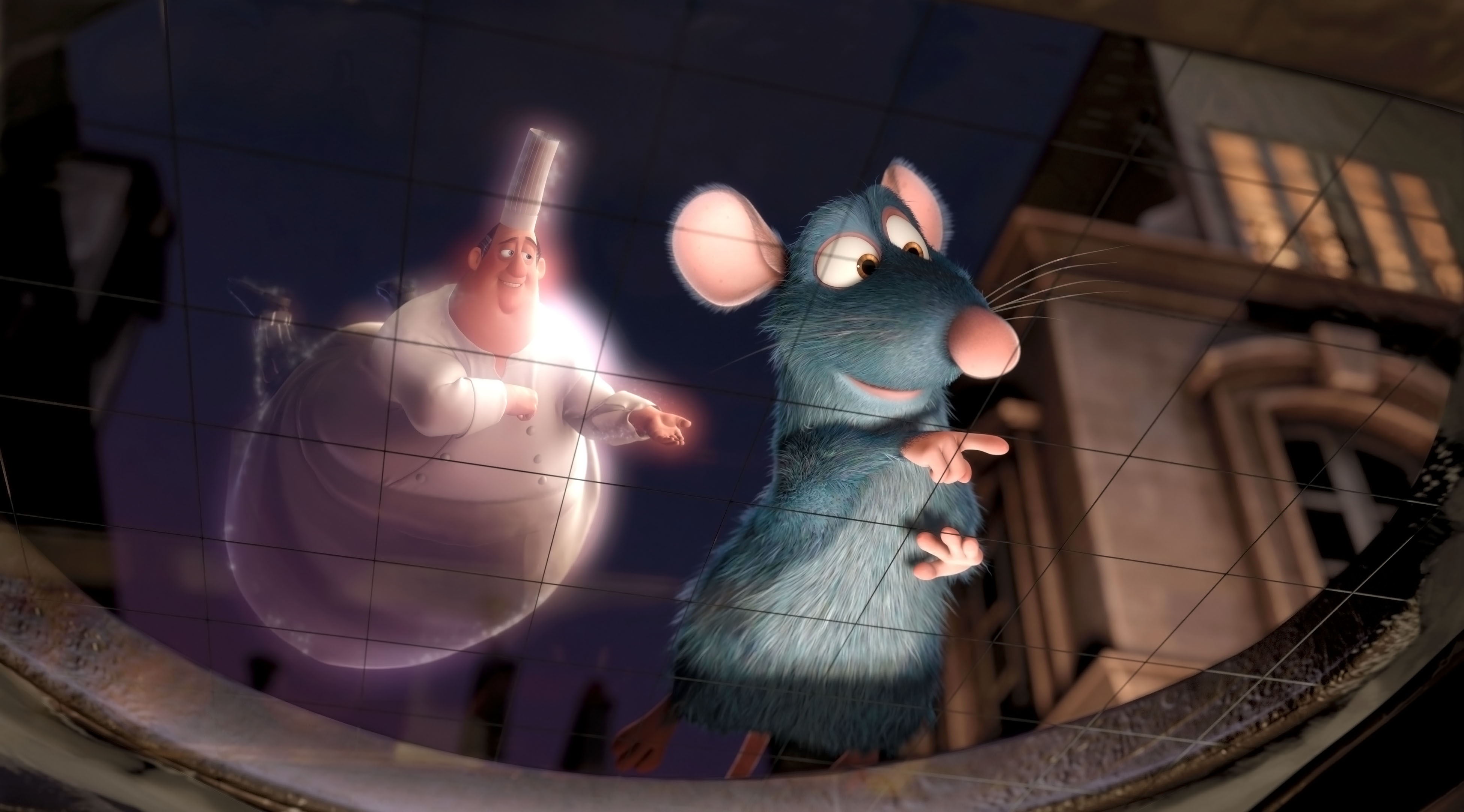 Animated scene with a rat chef looking thoughtfully down a manhole, while a ghostly chef gestures in the background