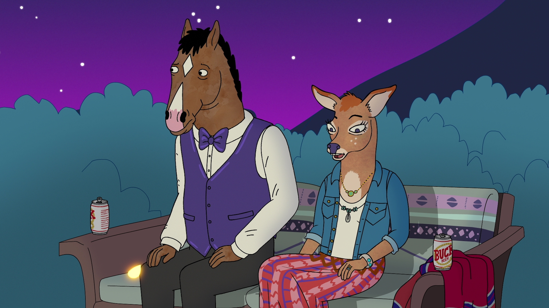 Animated horse and deer sit together on a bench at night. The horse wears a suit and bow tie, and the deer wears casual clothes