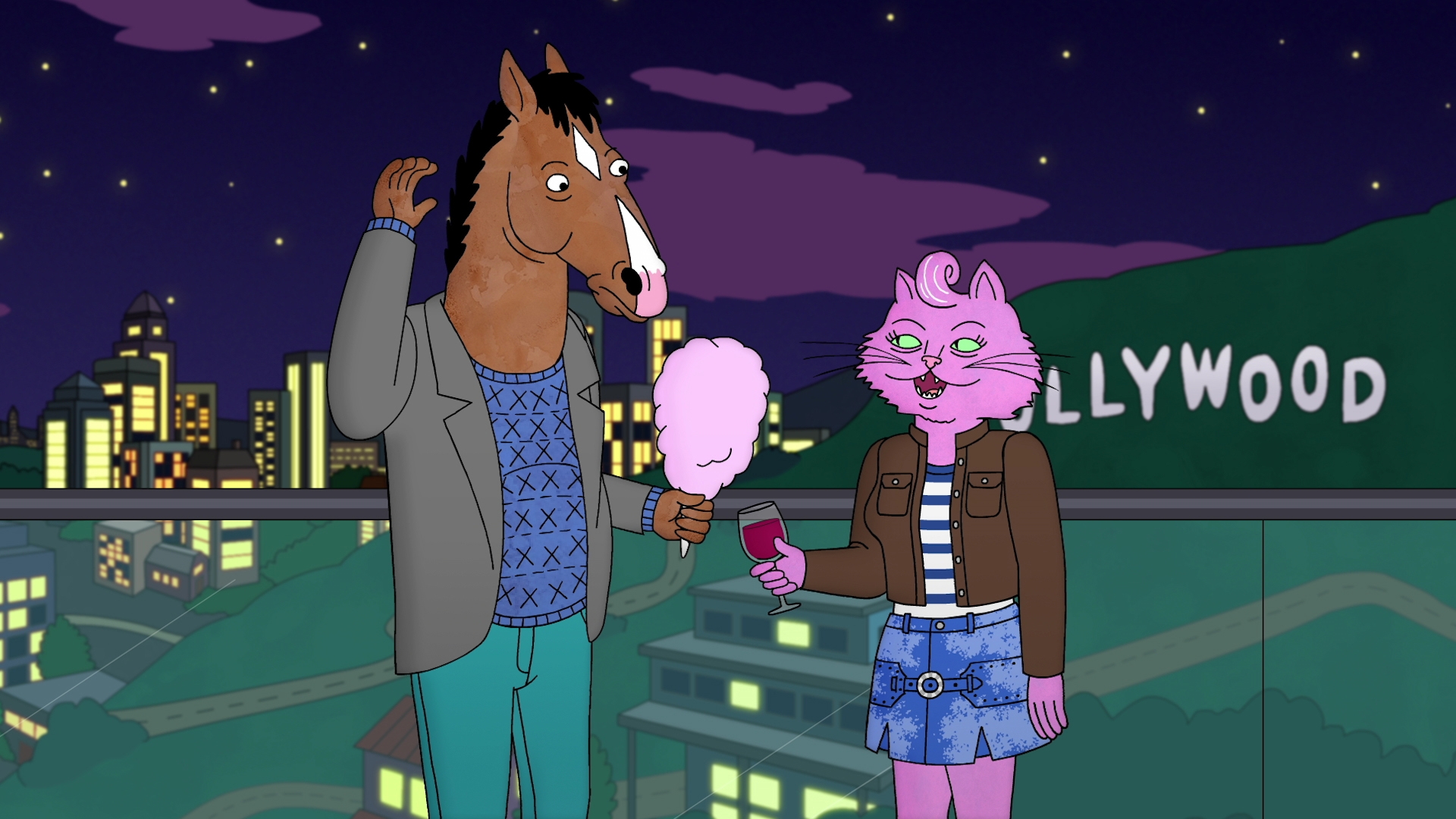 Animated horse wearing a sweater and jeans holds cotton candy next to a pink cat in a skirt holding a drink, with a city skyline in the background