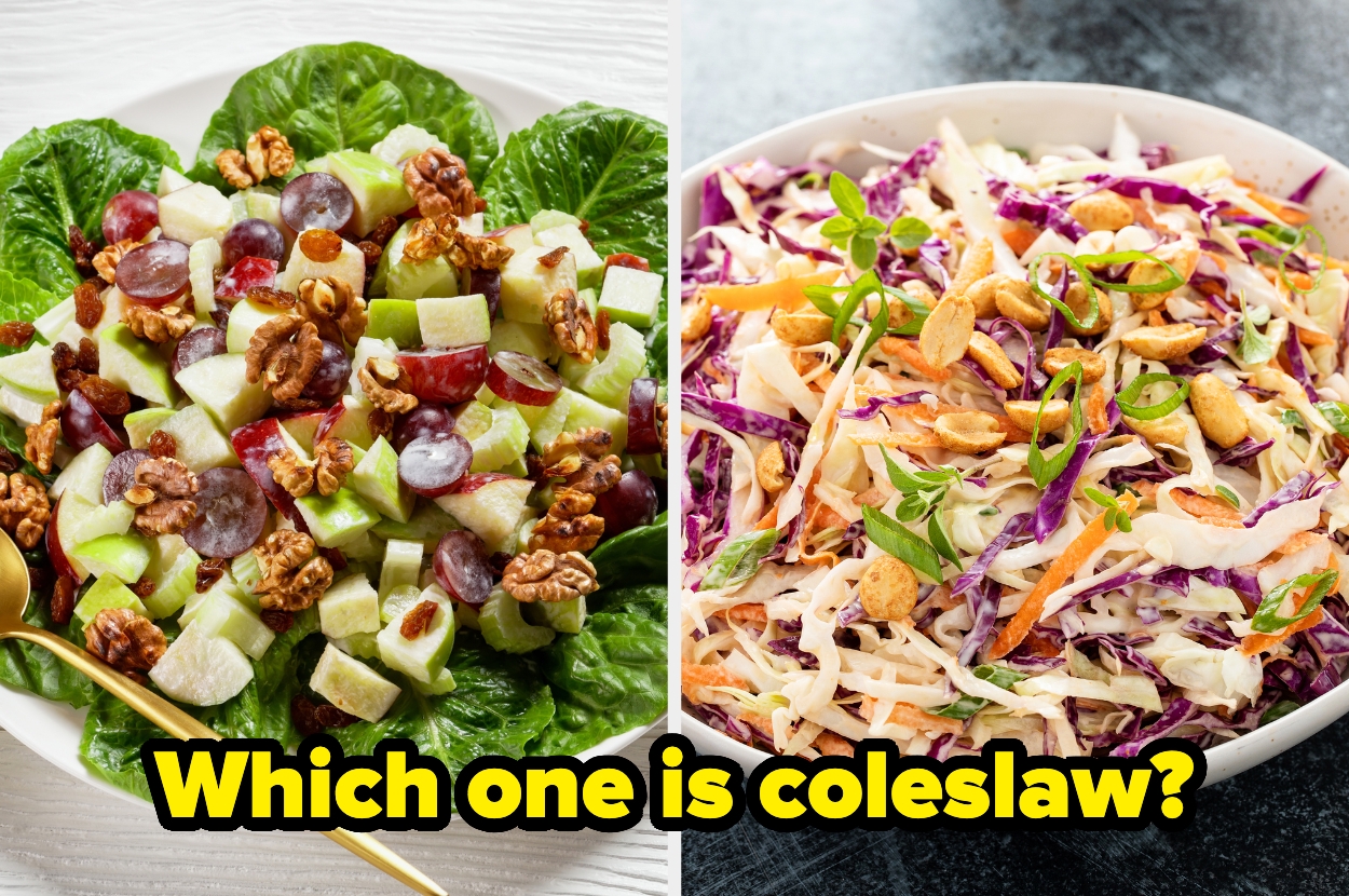 Left: Salad with grapes, apples, and walnuts on lettuce. Right: Coleslaw with cabbage, carrots, and nuts. Text asks, "Which one is coleslaw?"