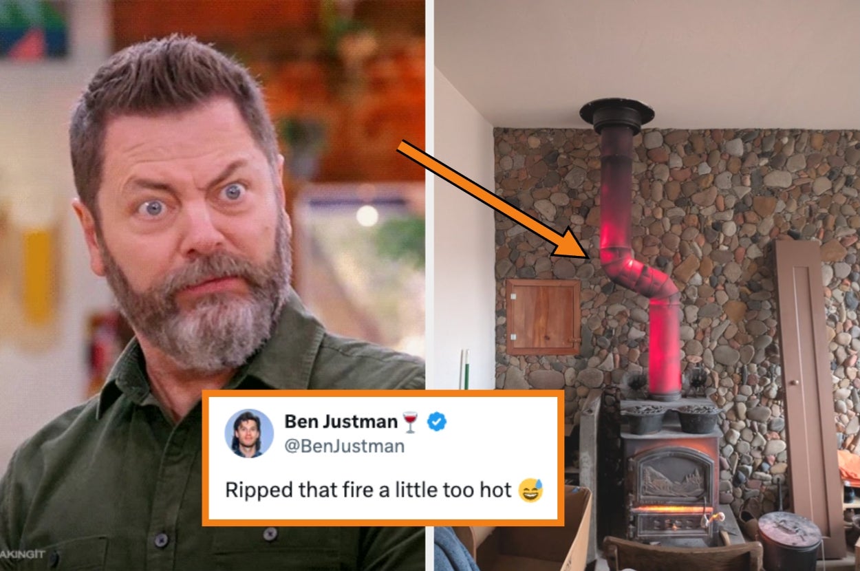 Man with surprised expression next to a tweet: "Ripped that fire a little too hot ?" with an arrow pointing to a bent metal stove pipe