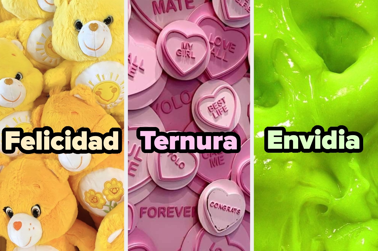 Osos de peluche con sonrisas ("Felicidad"), caramelos de corazón con mensajes ("Ternura"), y slime verde ("Envidia")