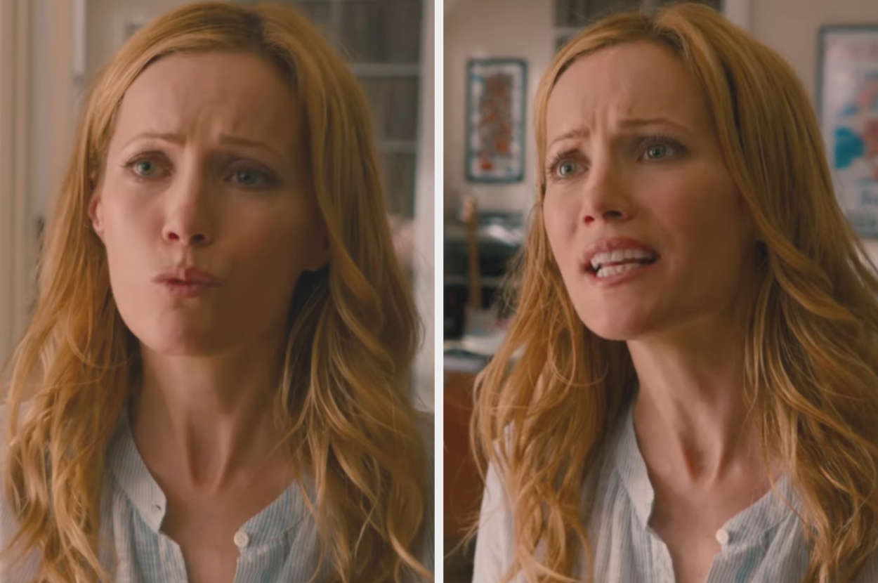 A woman with long hair appears concerned in the first image and frustrated in the second, likely depicting a tense conversation