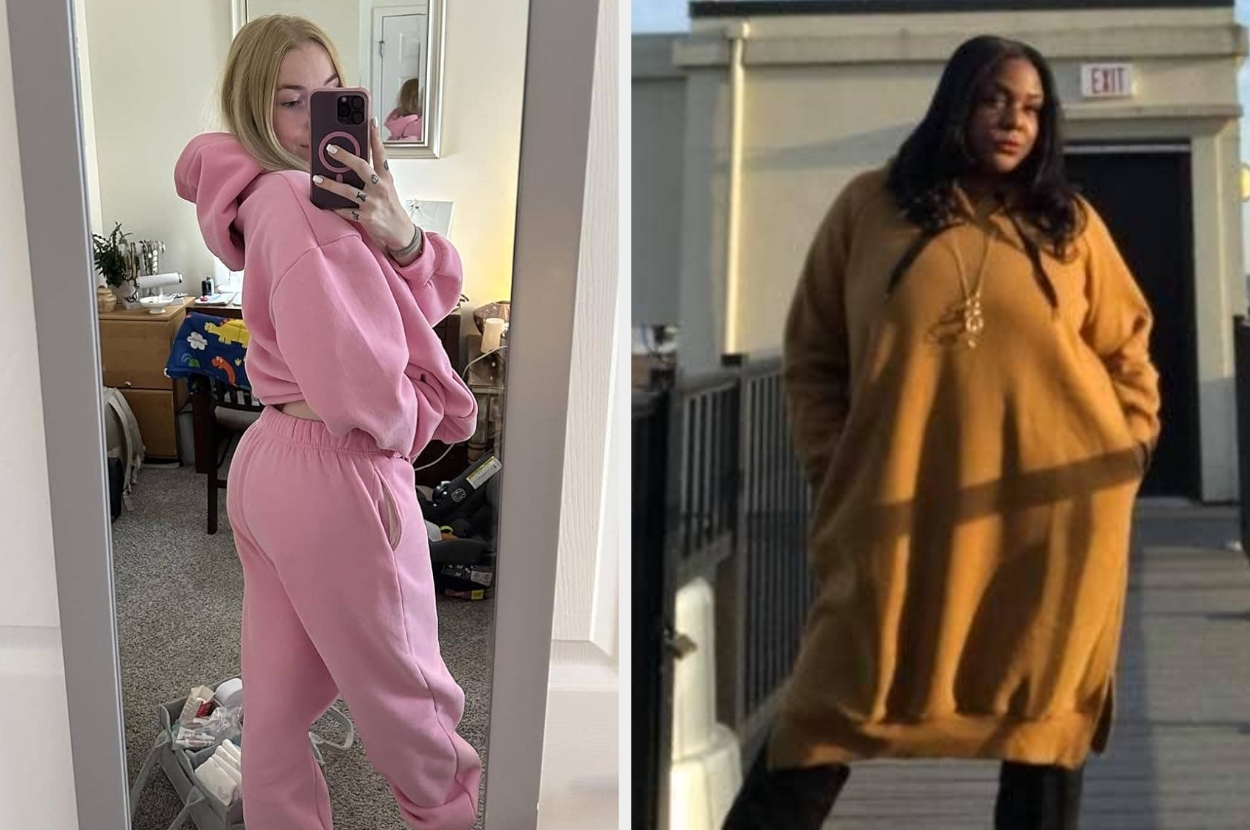 Two individuals showcase cozy oversized hoodies; one in pink loungewear and another in a brown long hoodie dress, highlighting casual comfort fashion