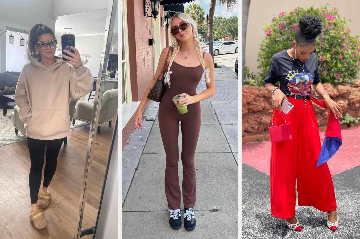 Three people showcasing casual and street fashion: cozy hoodie with leggings and slippers, fitted jumpsuit with sneakers, and a graphic tee with wide-leg pants