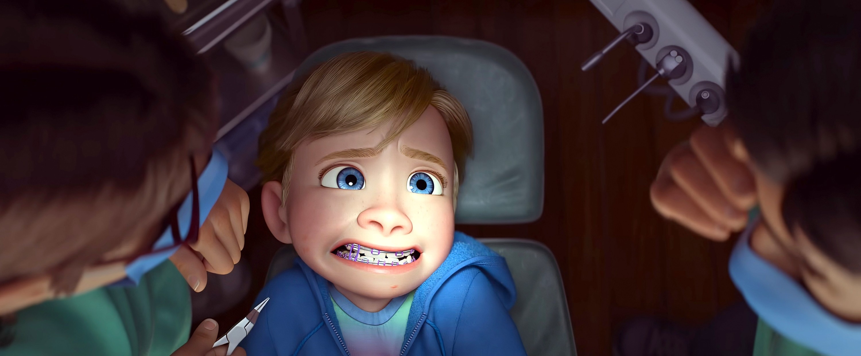 Animated character in dentist's chair, looking worried with braces on, surrounded by dental tools and professionals, suggesting a dental examination