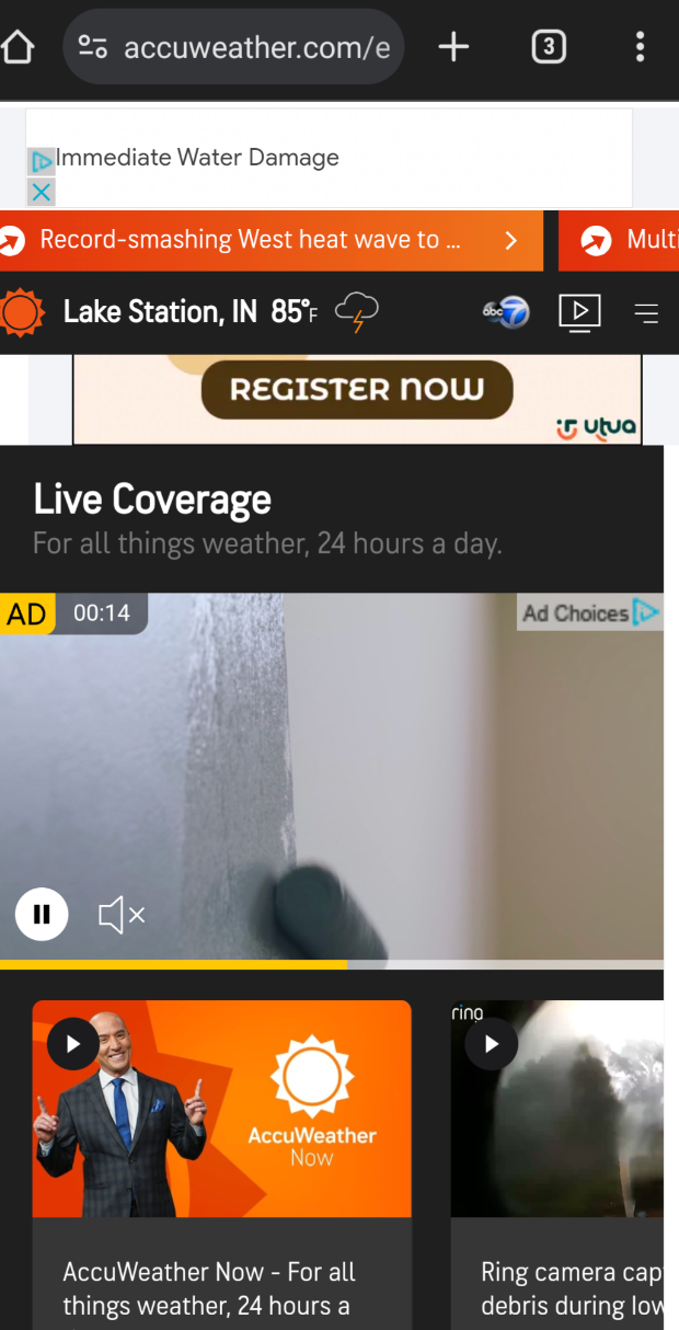 Screenshot of a weather website displaying video ads. Main ad shows host promoting AccuWeather, with a text banner above mentioning live coverage and weather updates