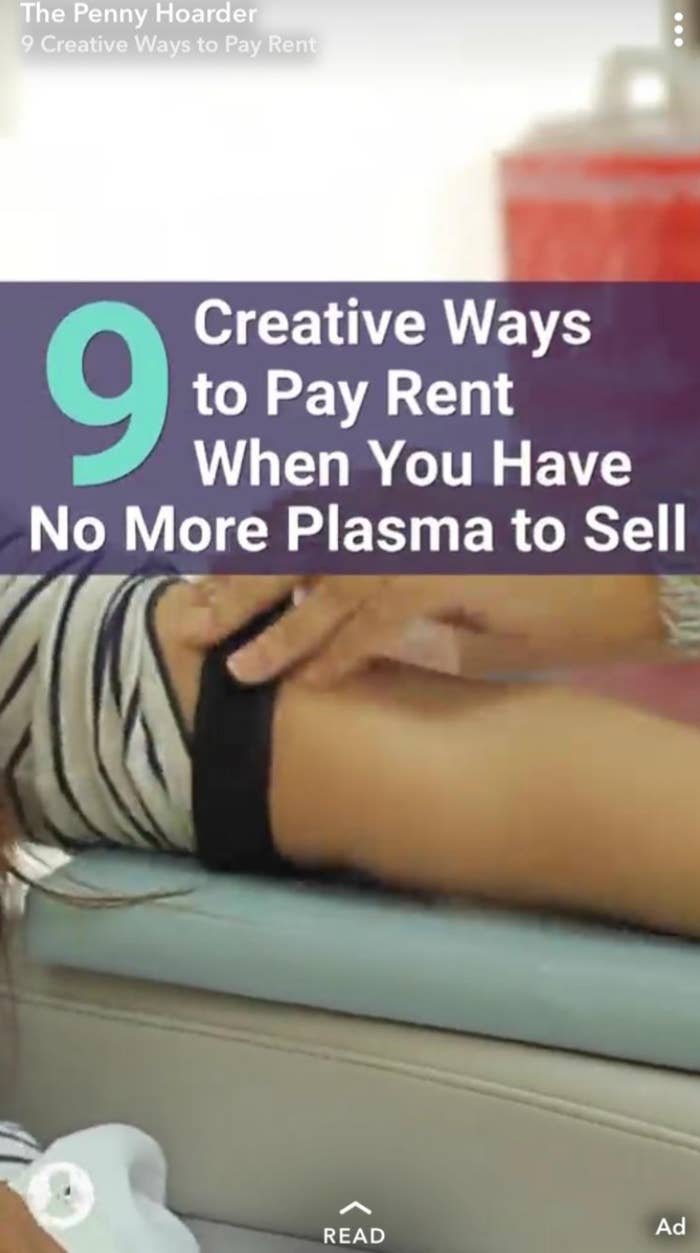Ad text: "9 Creative Ways to Pay Rent When You Have No More Plasma to Sell."