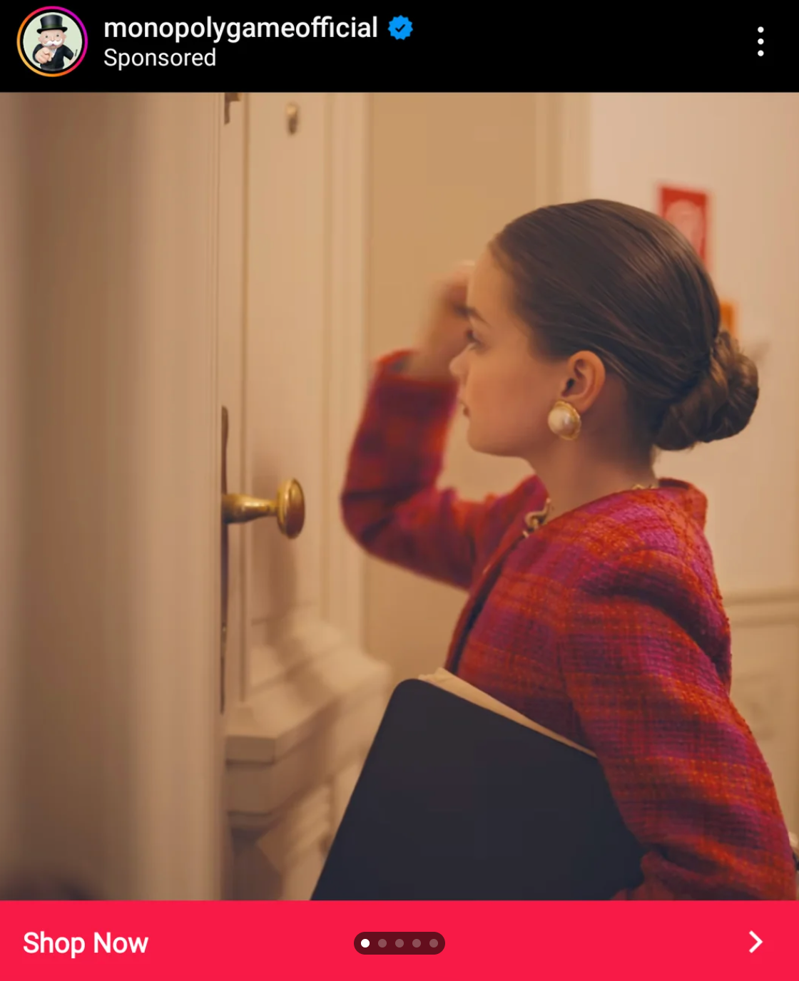 Child knocks on a door, holding a board game box, styled in chic retro attire with hair in a bun and wearing large earrings