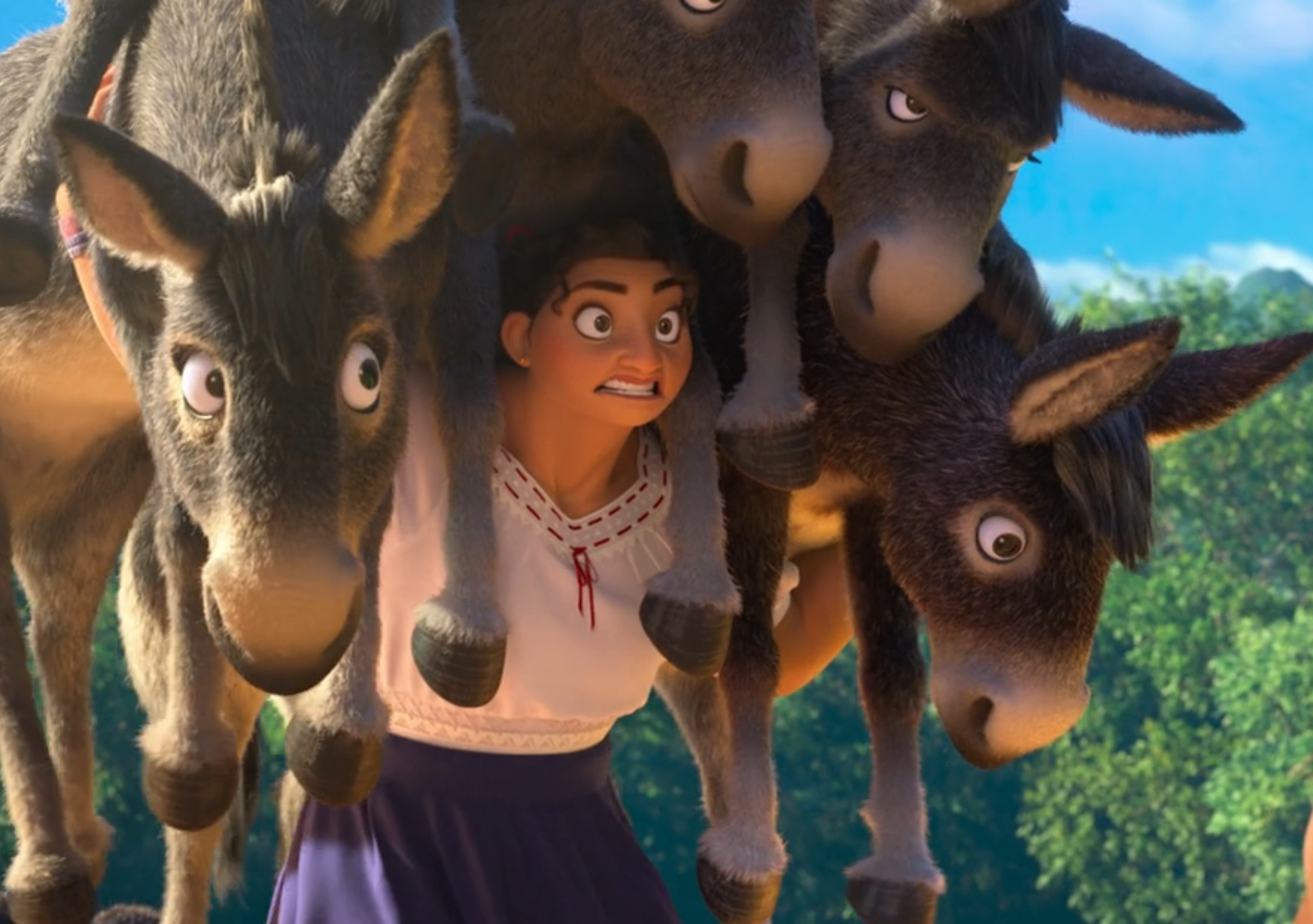 Animated character lifting four donkeys with ease, displaying strength and determination