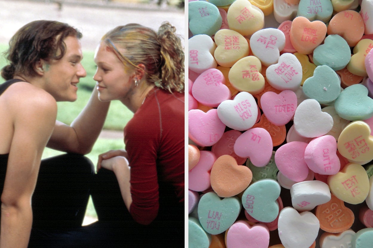 A scene from a romantic movie with a couple leaning close, alongside heart-shaped candies with romantic phrases