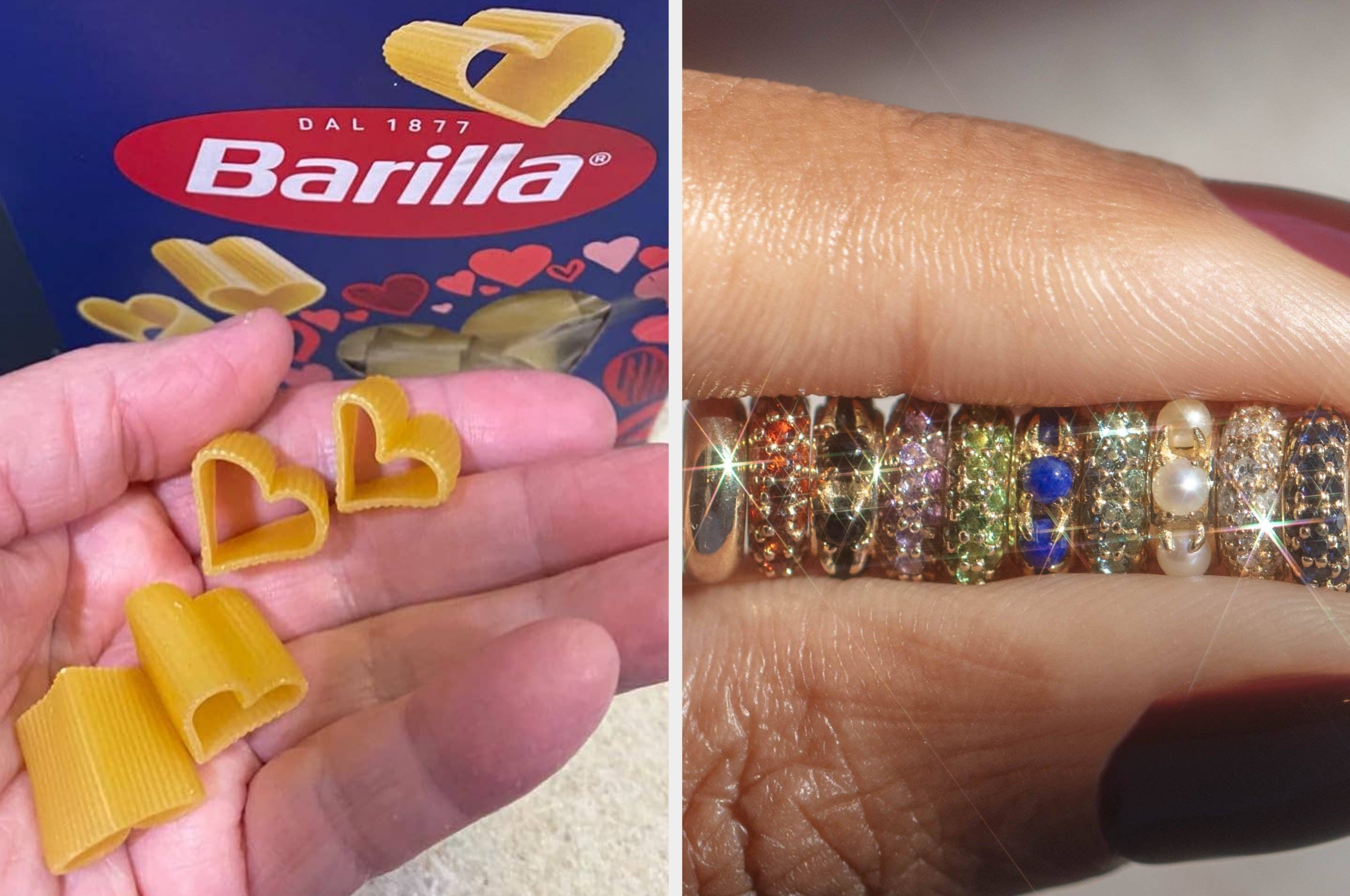 Heart-shaped pasta and a hand adorned with colorful, sparkling rings including pearls and gemstones
