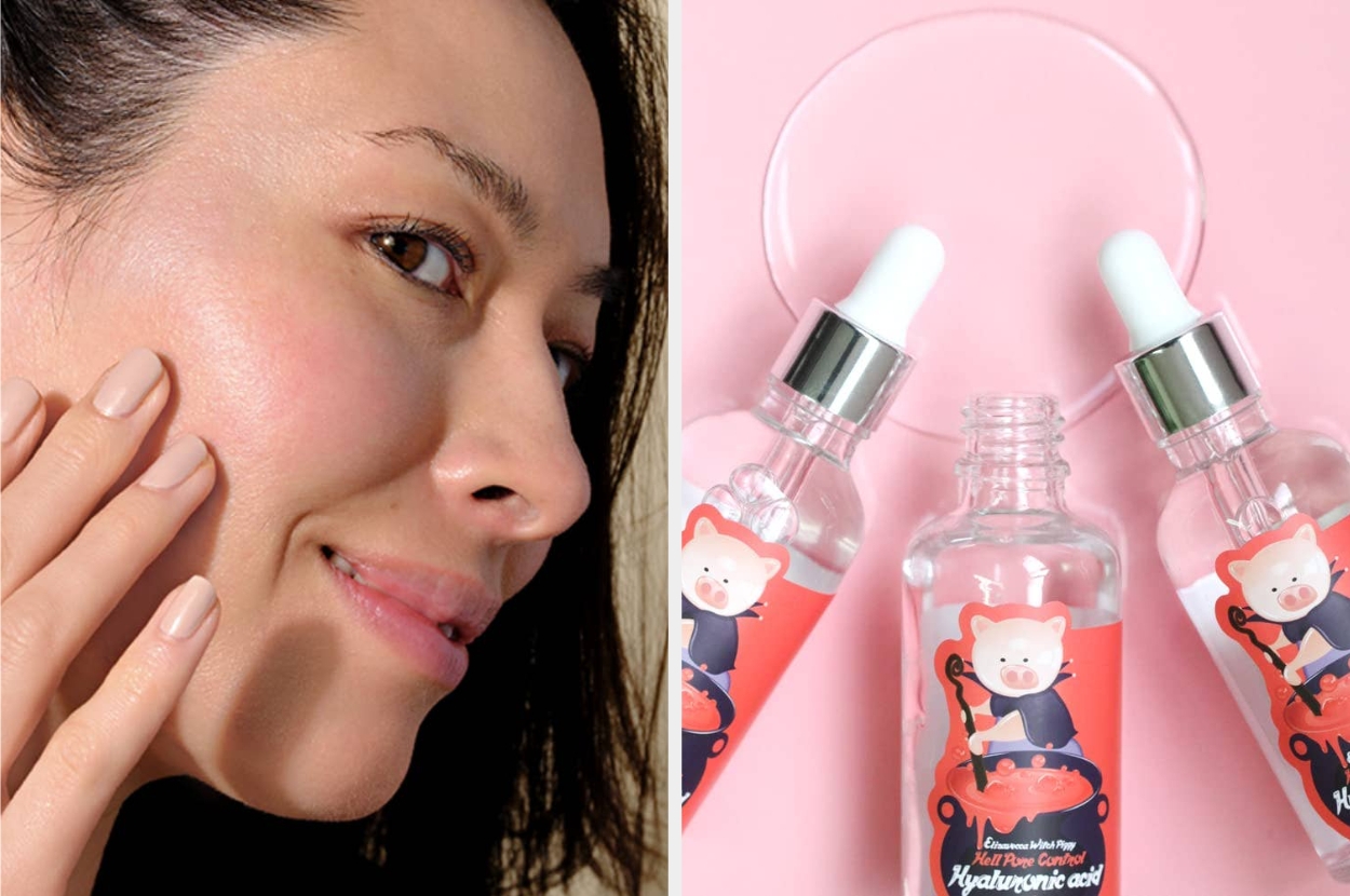 A woman touching her face next to skincare serum bottles with pig graphics, highlighting face hydration and smoothness