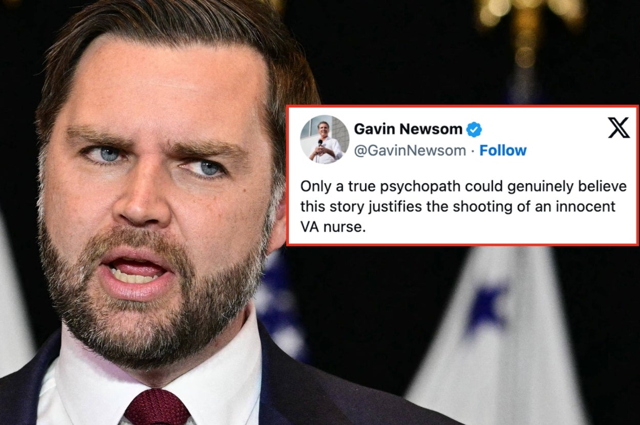A man speaks at a press conference; a tweet by Gavin Newsom is highlighted beside him, stating disbelief in justifying violence against a nurse