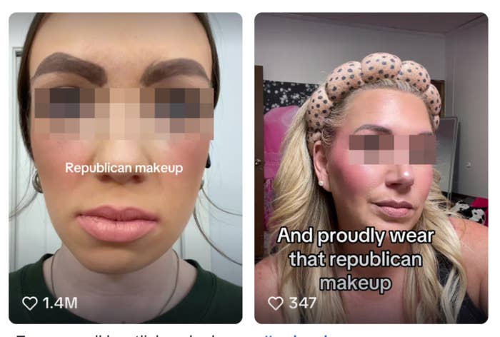 Two images of people with bold makeup labeled "Republican makeup," one woman wears a headband. Each has social media engagement counts