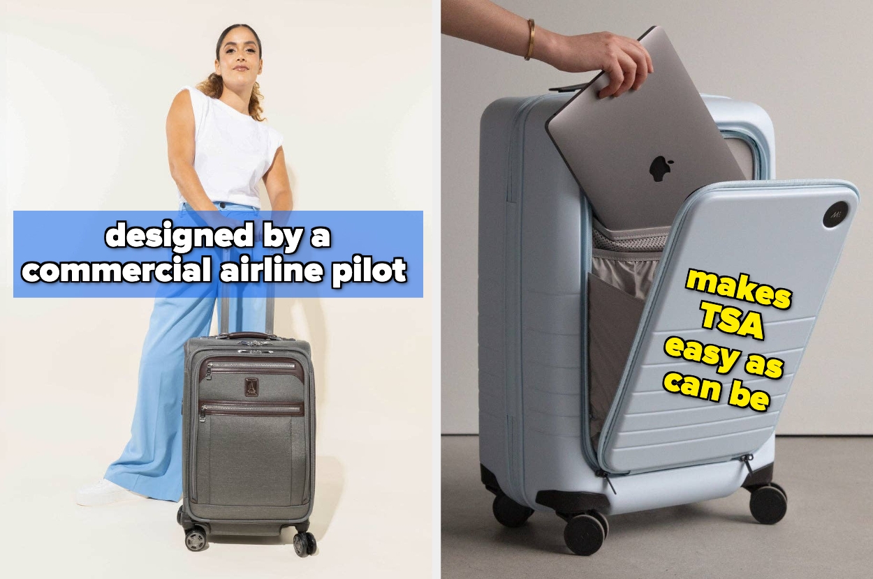 Woman posing with sleek luggage; second image shows luggage pocket holding a laptop with text about TSA convenience