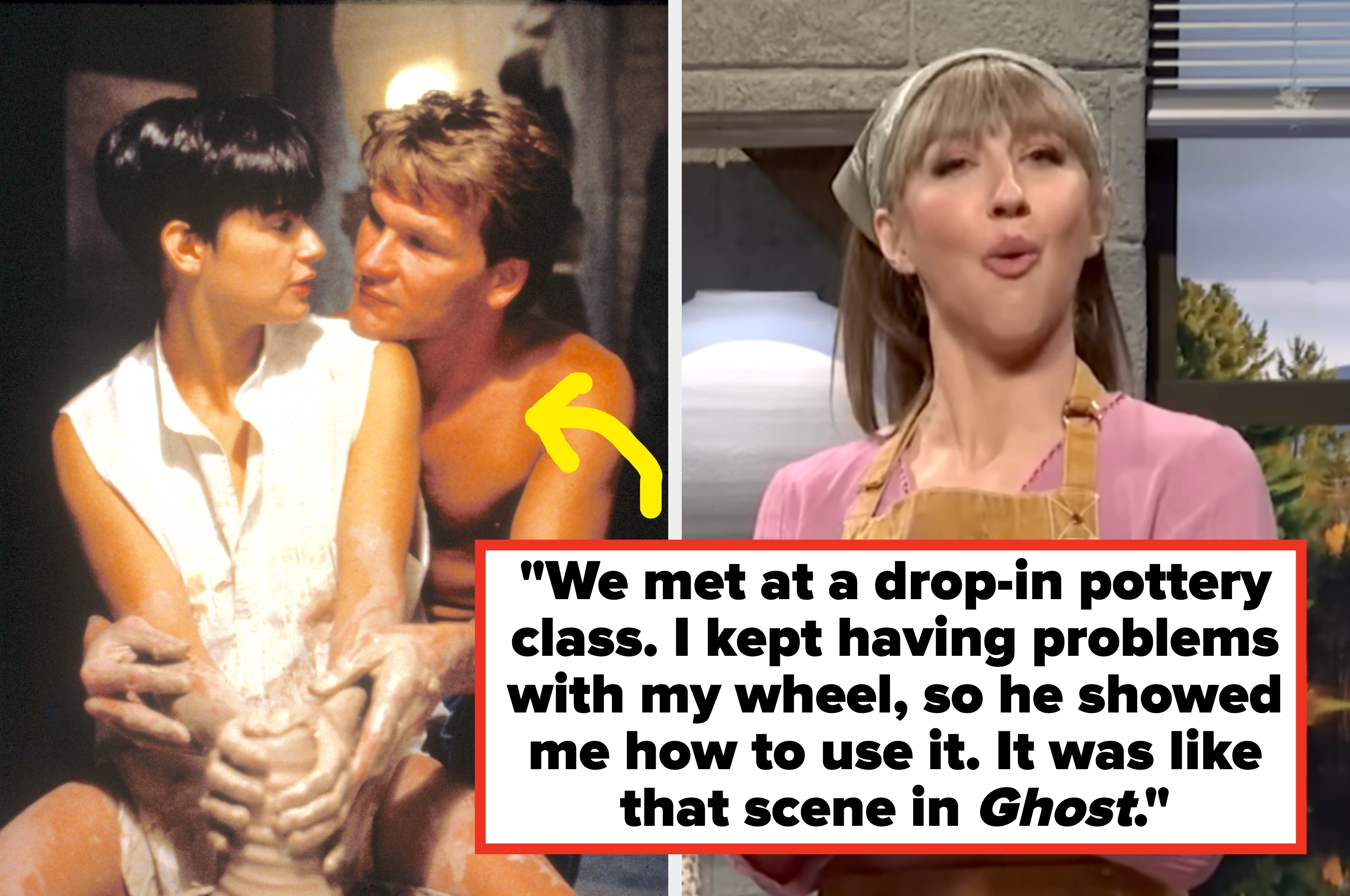 Split image of a pottery scene from the movie "Ghost" and a similar real-life encounter