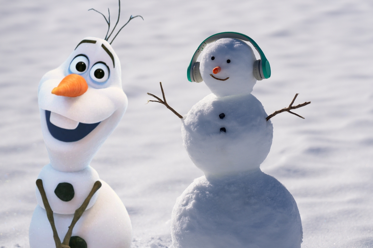 Animated Olaf with a carrot nose and stick arms stands next to a smaller snowman wearing headphones, both in a snowy landscape