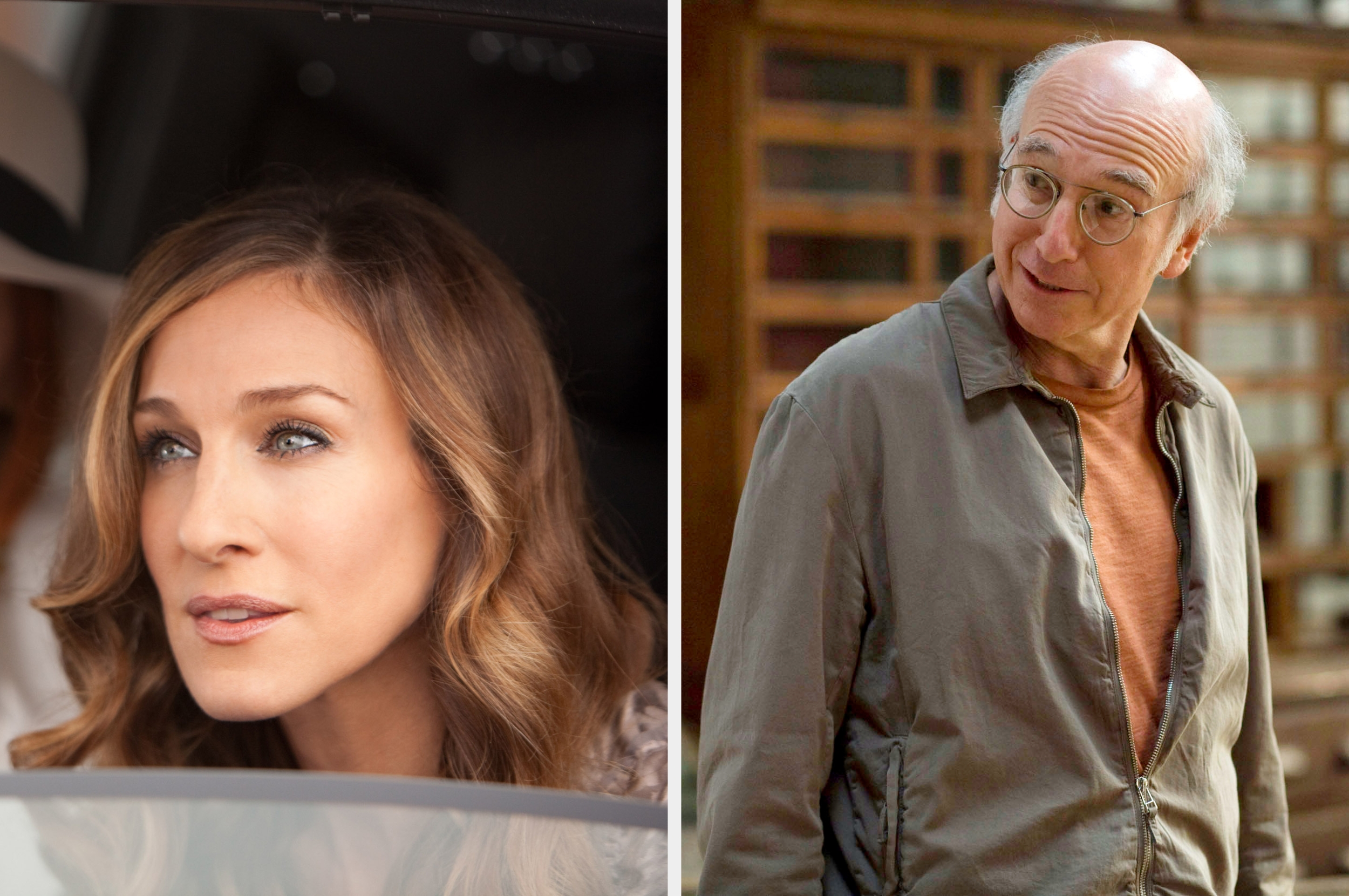 Two people are in separate images. The first gazes out a car window, wearing styled hair. The second wears glasses and a casual jacket indoors