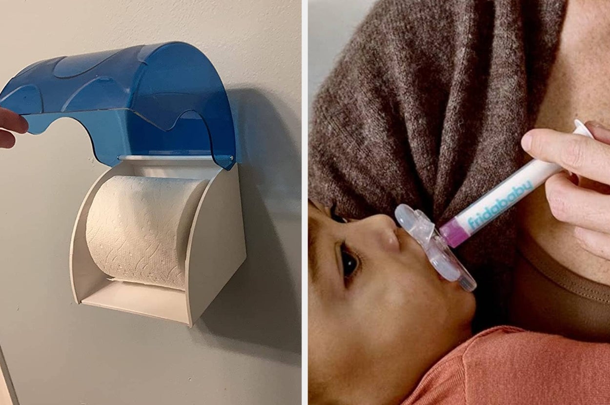 Left: A hand reaches for toilet paper in a holder. Right: A baby uses a pacifier syringe held by an adult, dispensing medicine