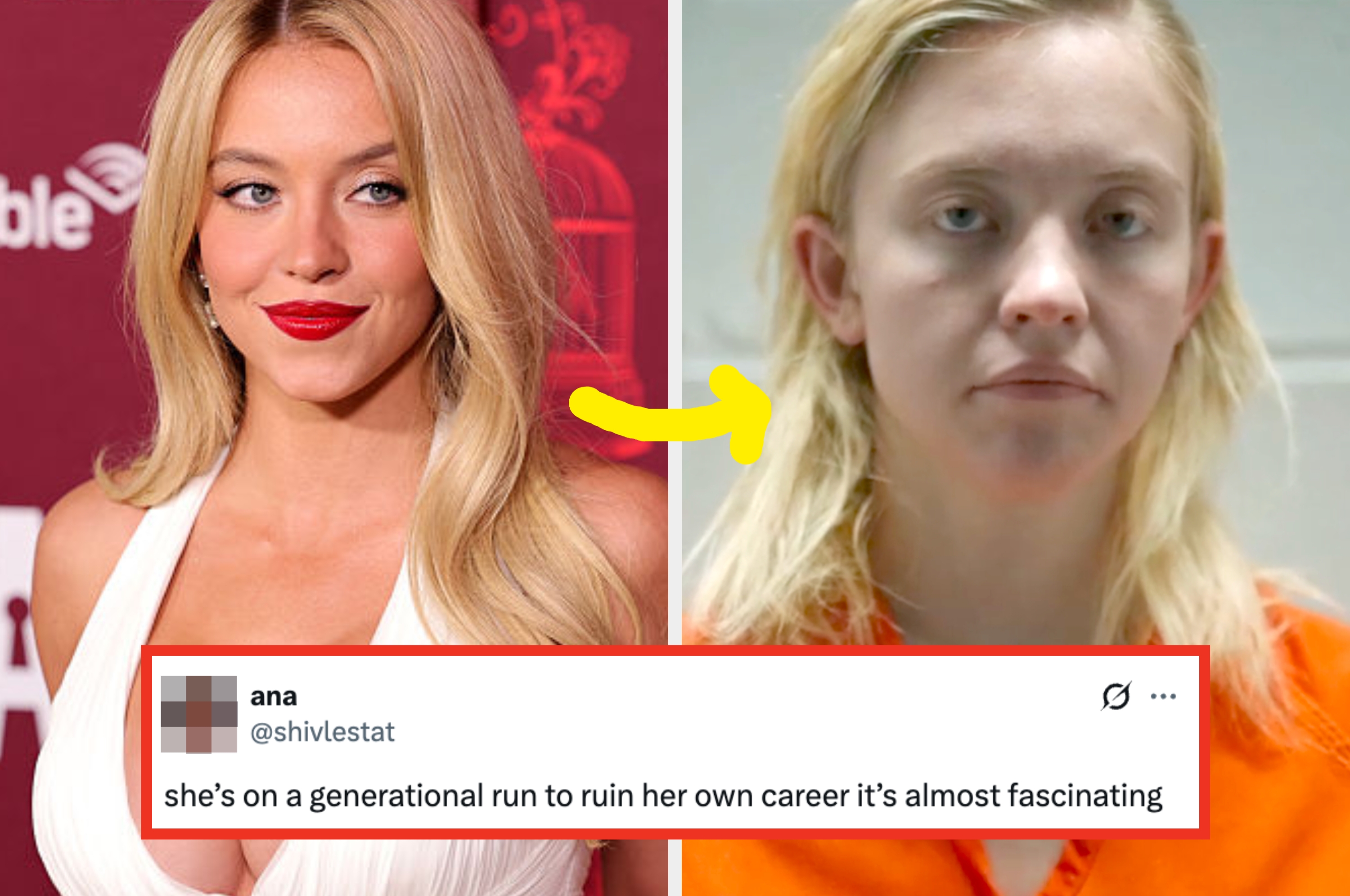 Woman in glamourous red carpet attire and bright lipstick contrasted with a somber look in an orange jumpsuit. Text discusses potential jail time