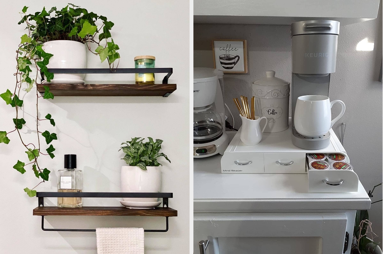 Two images: Left shows hanging wall shelves with plants and toiletries. Right displays a coffee station with a Keurig, mugs, and a k-cup organizer