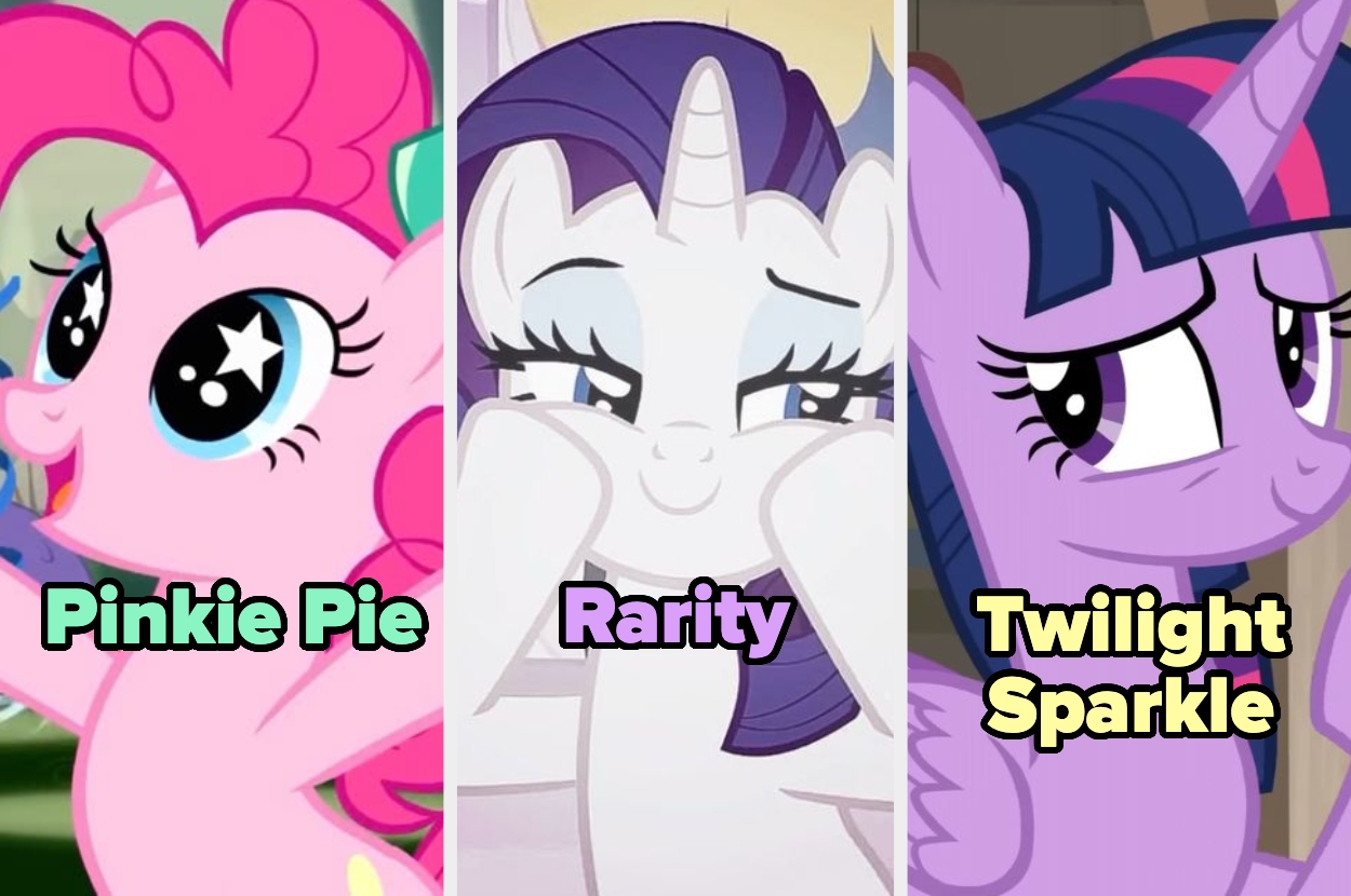 Tres personajes de dibujos animados: Pinkie Pie, Rarity y Twilight Sparkle, cada uno con diferente expresión facial