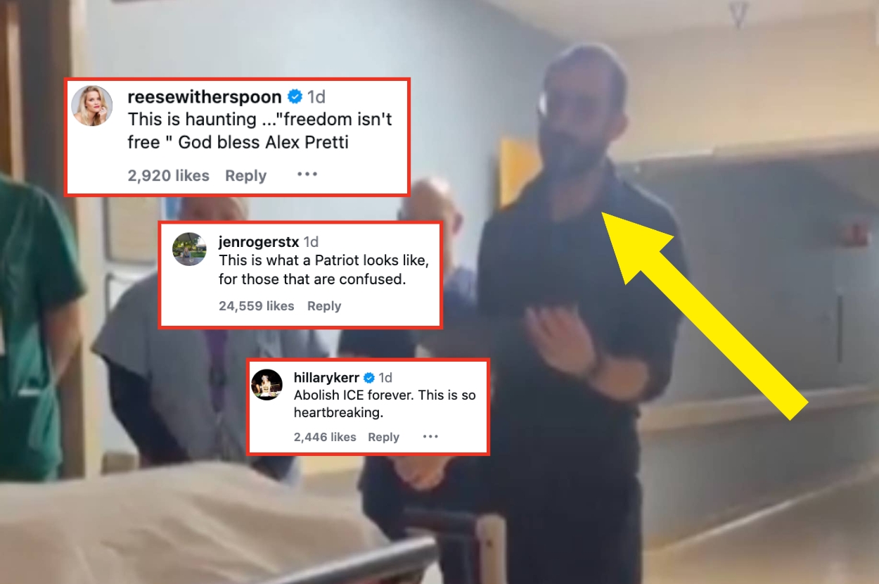 A silhouetted person stands in a dim hallway next to a hospital bed. Social media comments about patriotism and ICE are overlaid