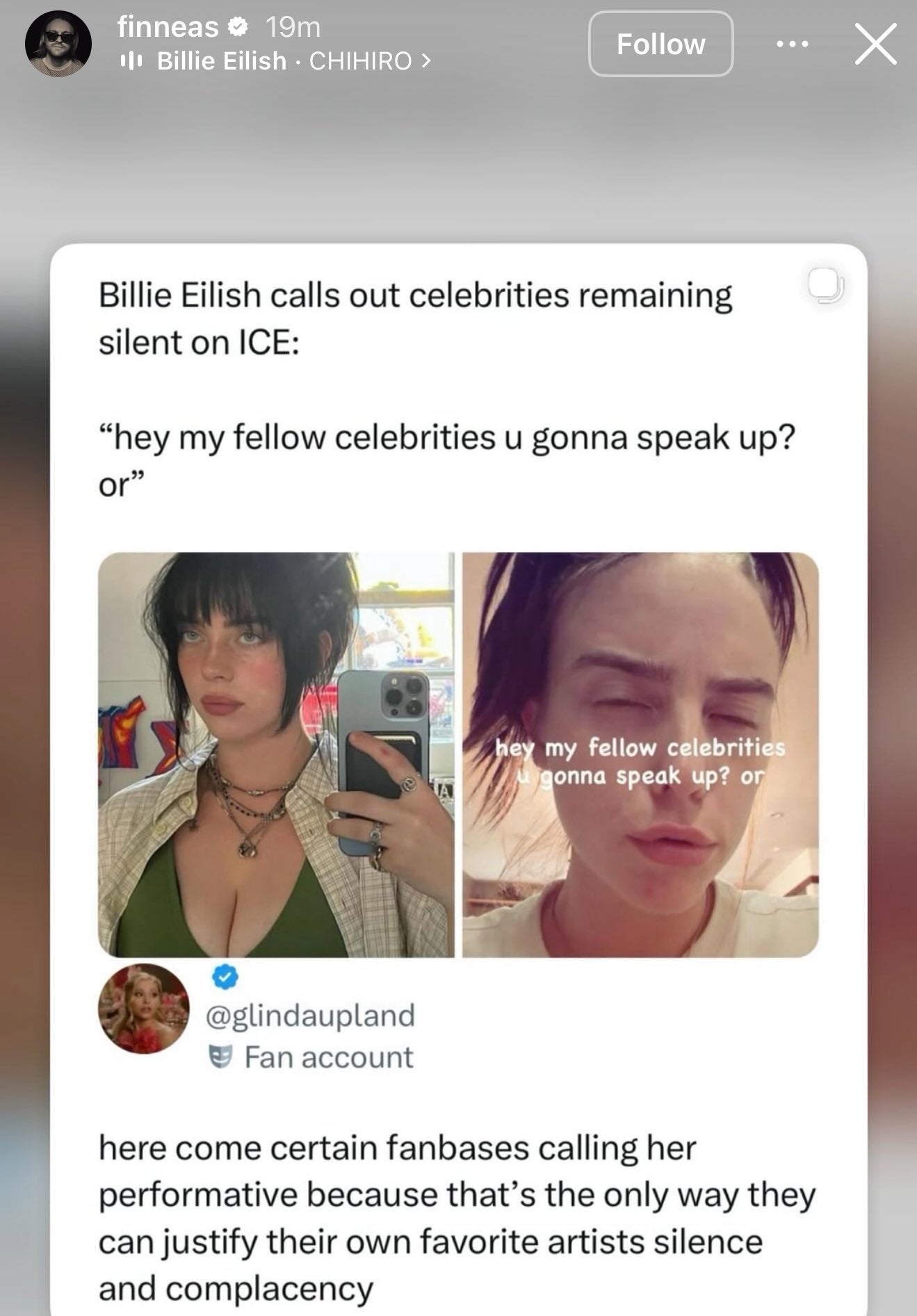 Skjermbilde av en tweet fra en fankonto som viser et sitat fra Billie Eilish som ber andre kjendiser snakke om ICE