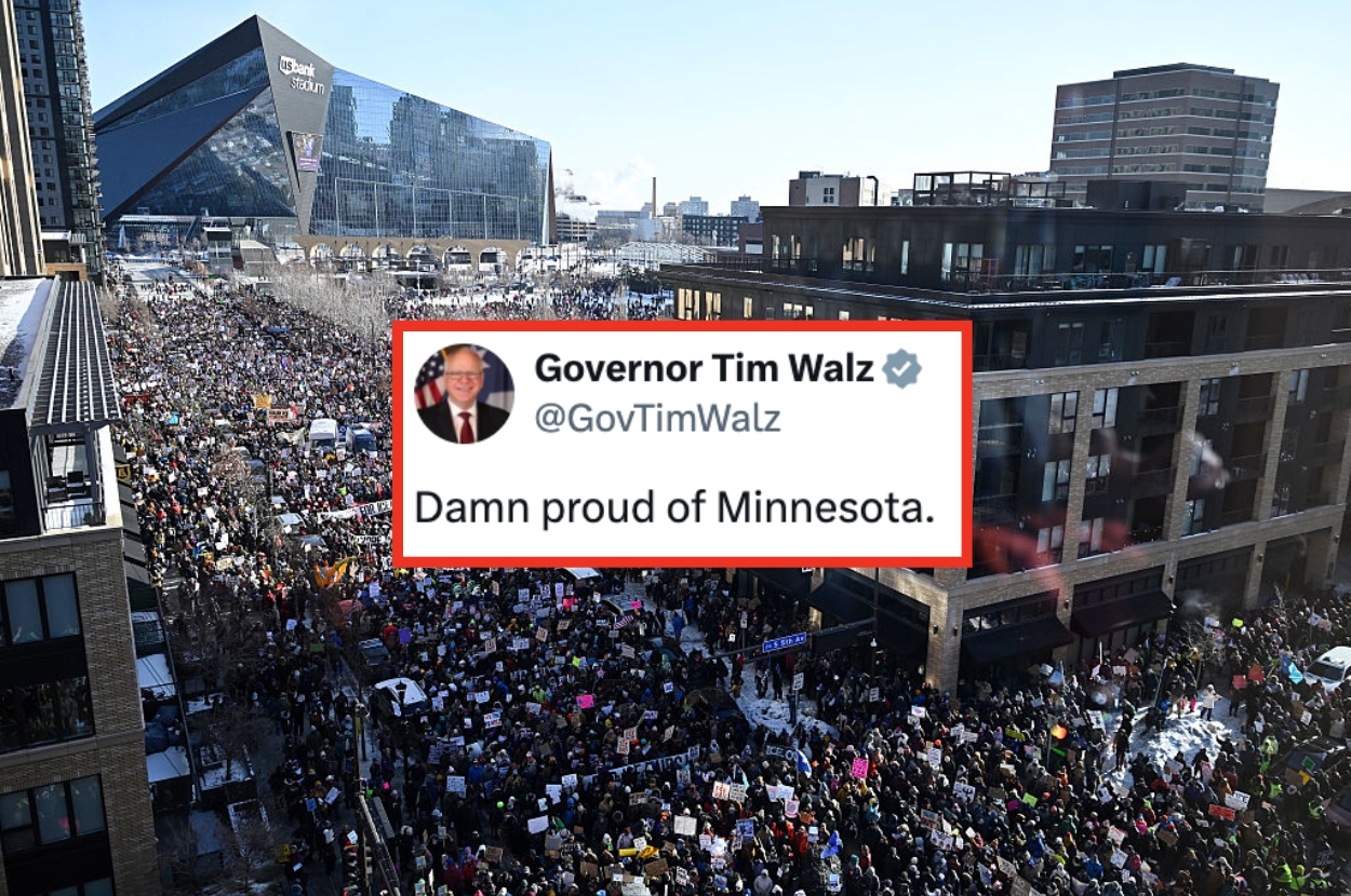 Large crowd gathered in a city, with a tweet overlay reading, "Damn proud of Minnesota" by Governor Tim Walz