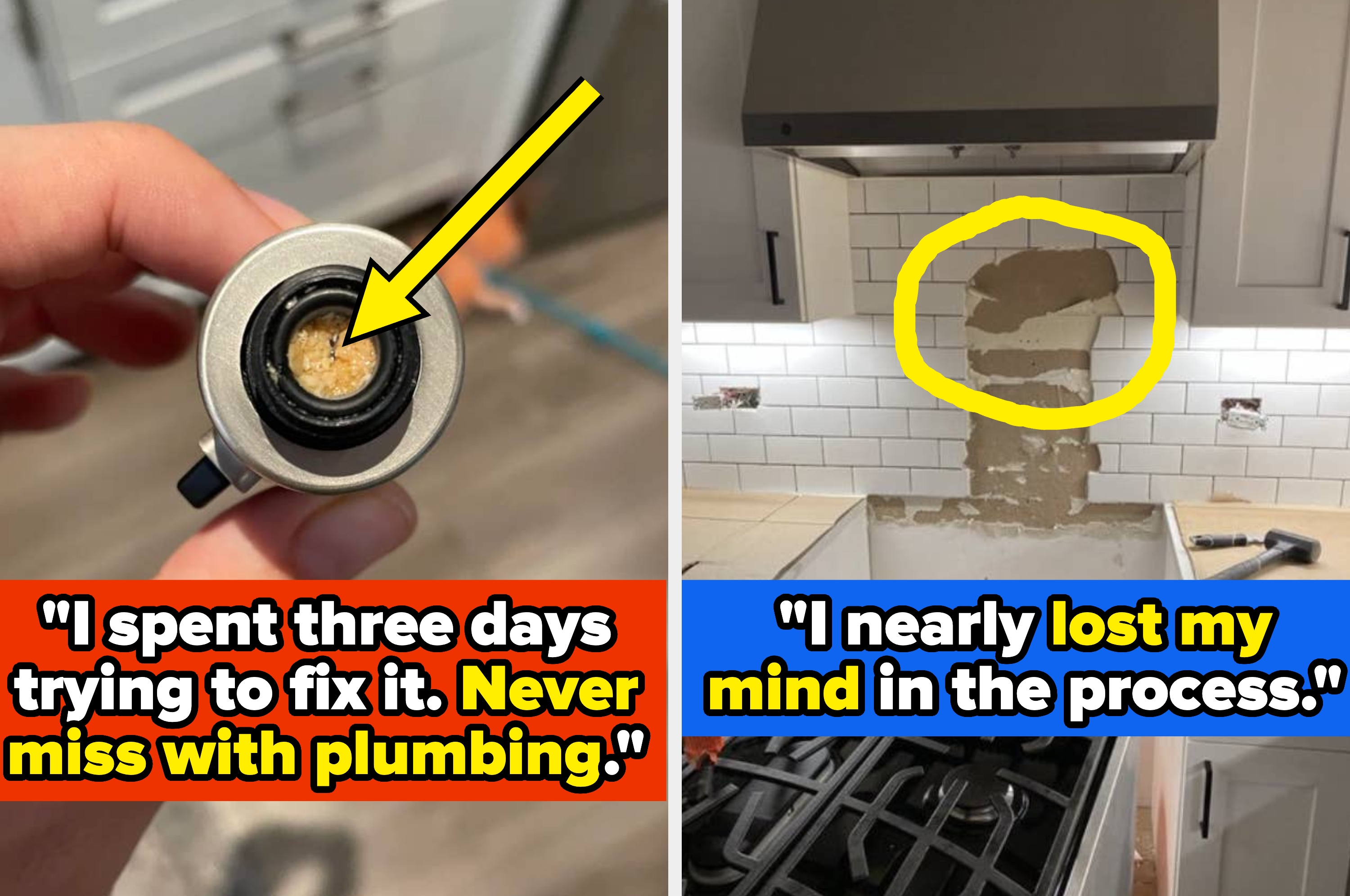 Two-panel image: Left shows a plumbing issue with text about trying to fix it. Right shows damaged kitchen tiles with text about frustration during repair