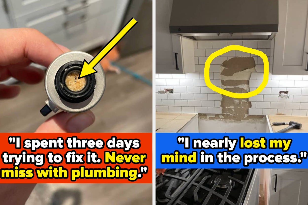Two-panel image: Left shows a plumbing issue with text about trying to fix it. Right shows damaged kitchen tiles with text about frustration during repair
