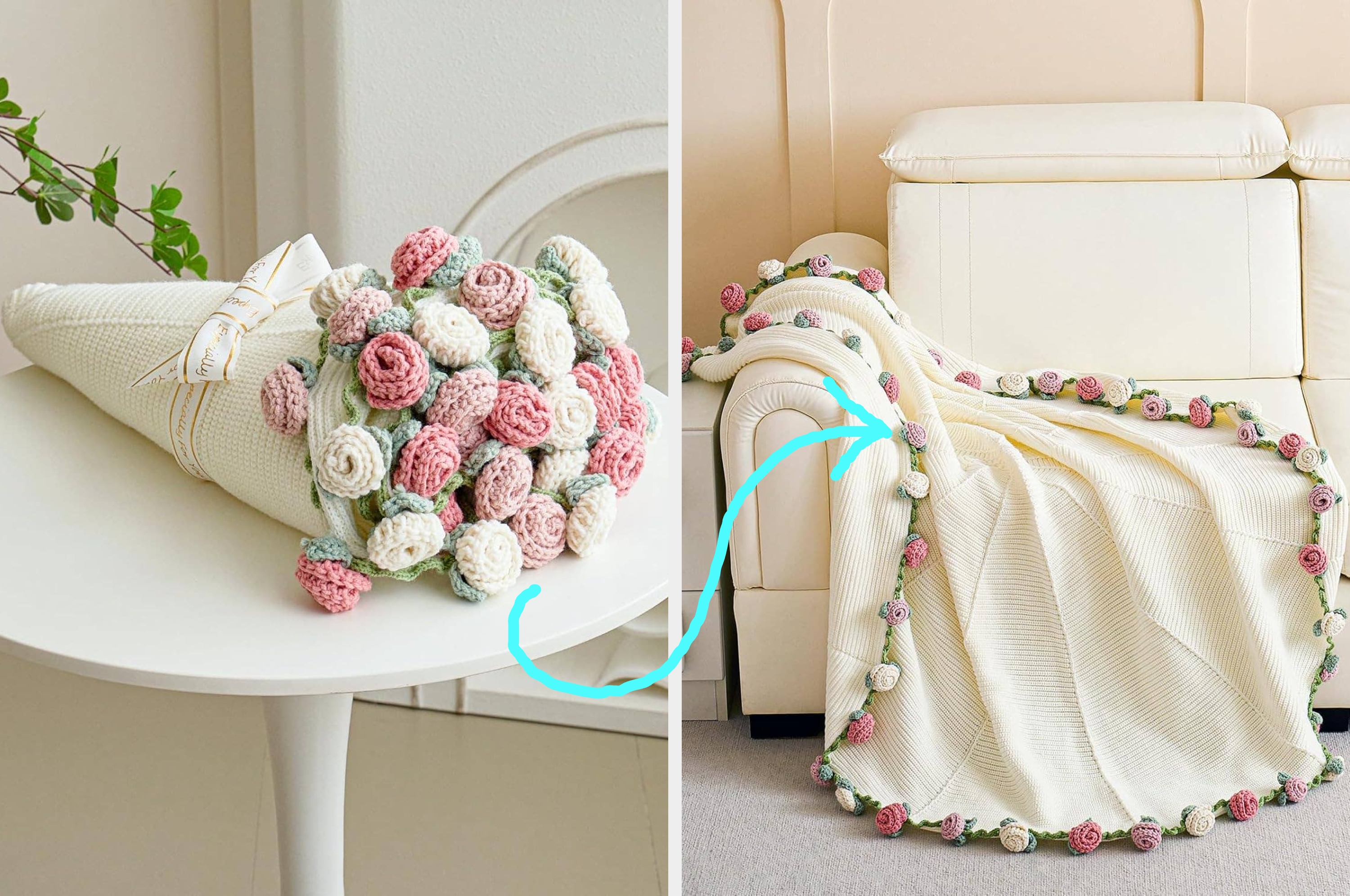 Crochet flower-patterned blanket displayed as a bouquet and draped over a couch, showcasing its aesthetic versatility for home decor