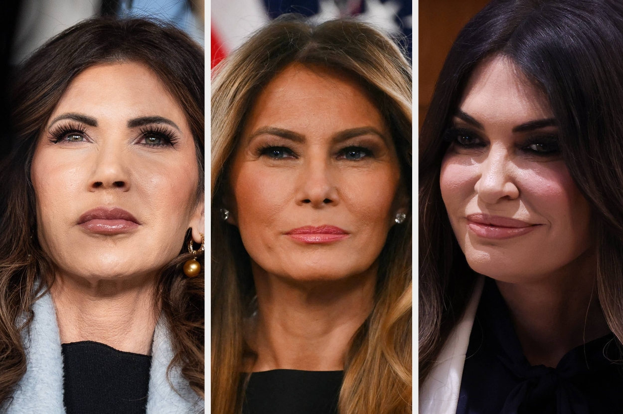 Three women are seen in portrait-style images, each with long hair and professional attire, facing forward