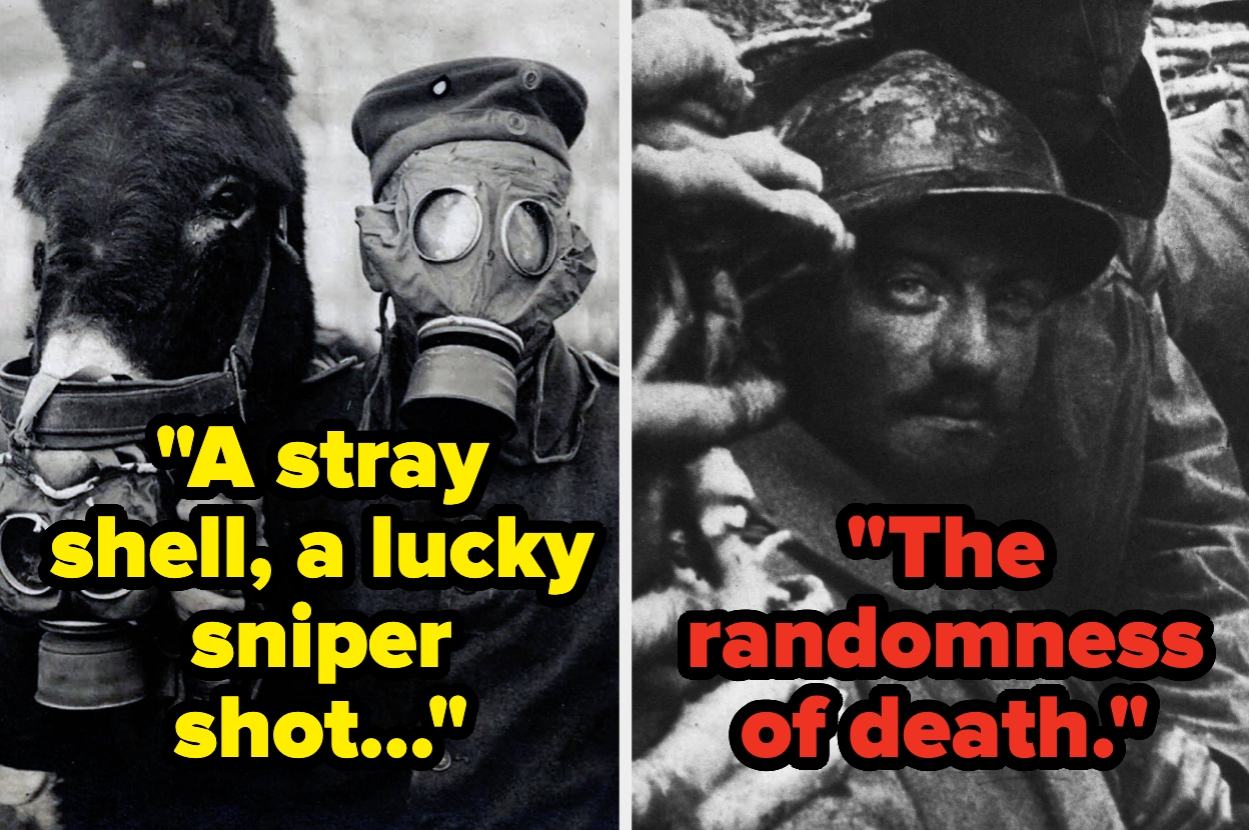 Two historical wartime photos: a soldier with a gas mask beside a mule, and a soldier in a trench. Text: "A stray shell..." and "The randomness of death."