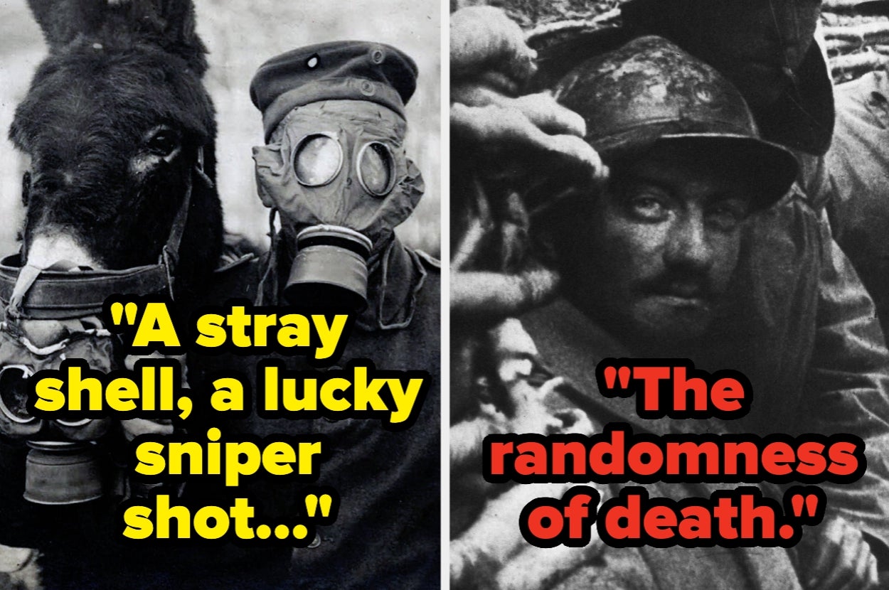 Two historical wartime photos: a soldier with a gas mask beside a mule, and a soldier in a trench. Text: "A stray shell..." and "The randomness of death."