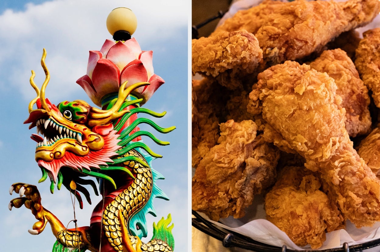Ornate dragon statue next to a basket of crispy fried chicken