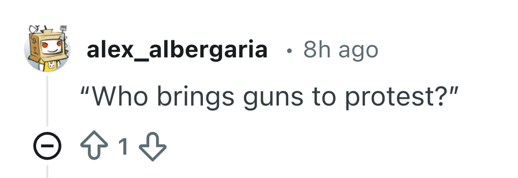 Kommentar som stiller spørsmål ved nødvendigheten av våpen ved protester, postet av alex_albergaria