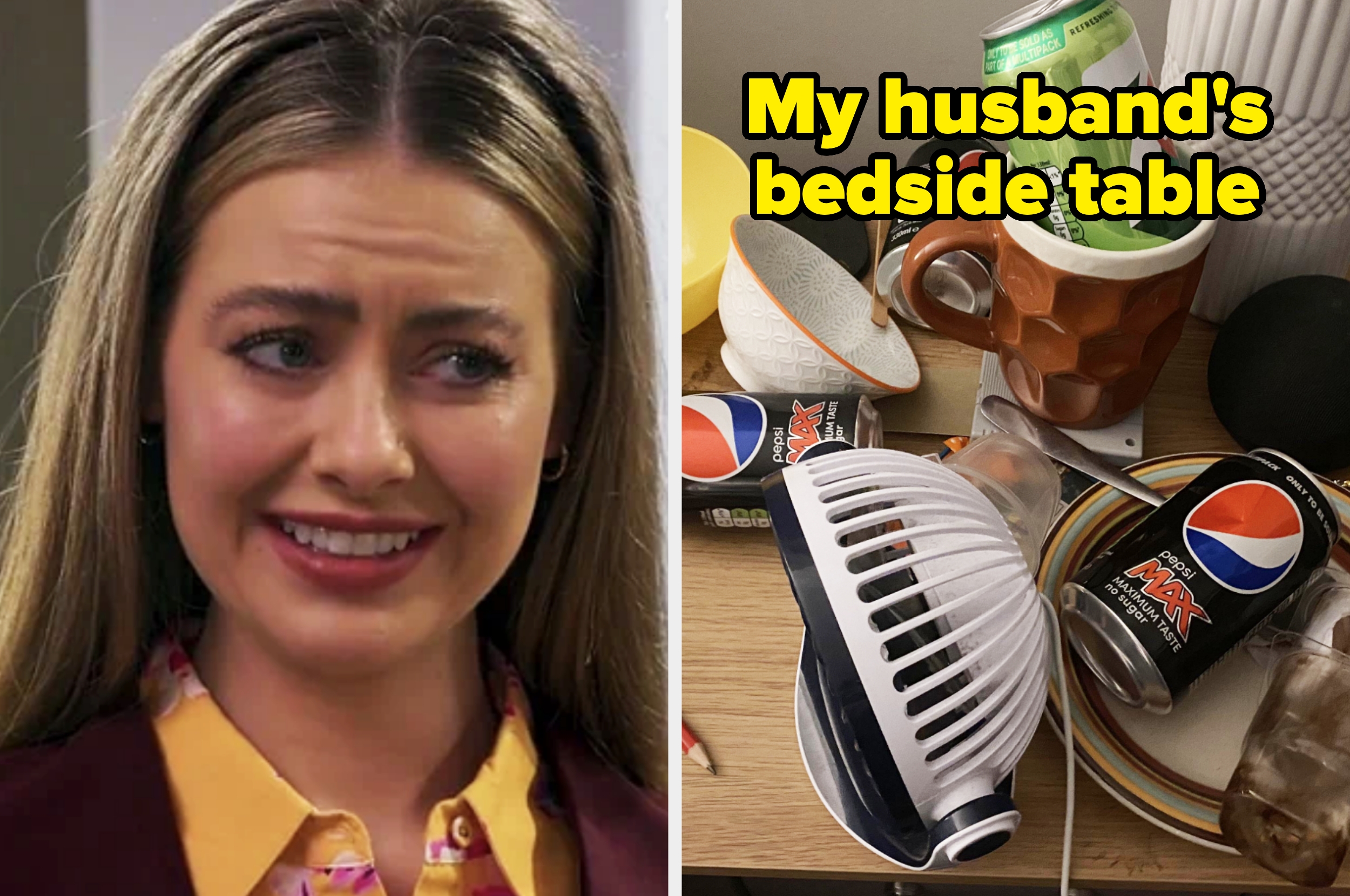 Woman with a concerned expression alongside a cluttered bedside table with cups, cans, and a fan; text reads: "My husband's bedside table"