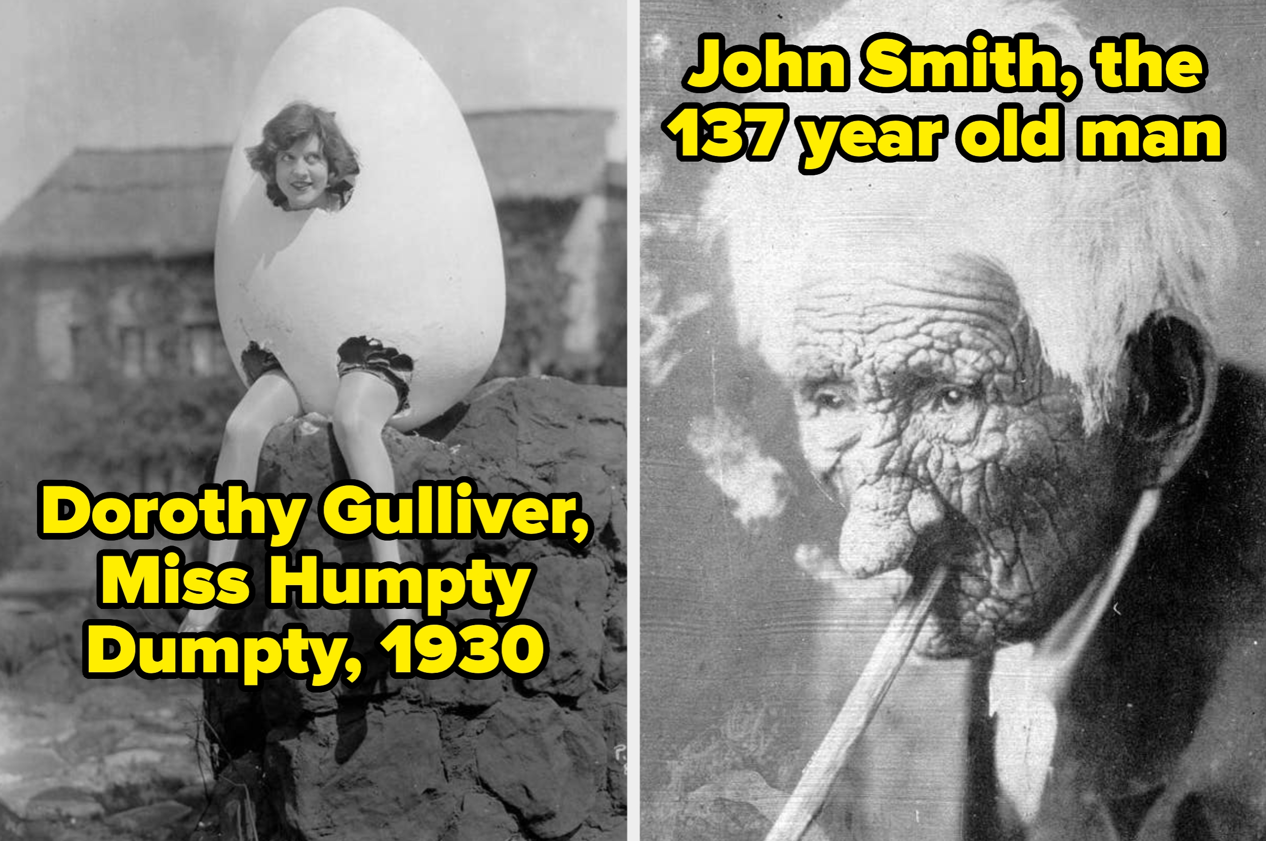 Split image: Left shows a woman emerging from a large egg in 1930; right features an elderly man smoking, labeled as 137 years old